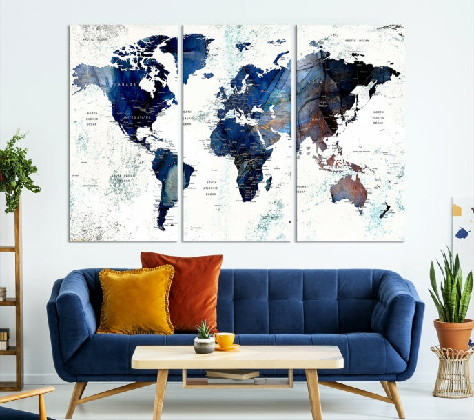 3-Panel Pin Map of the World, Large Canvas World Map