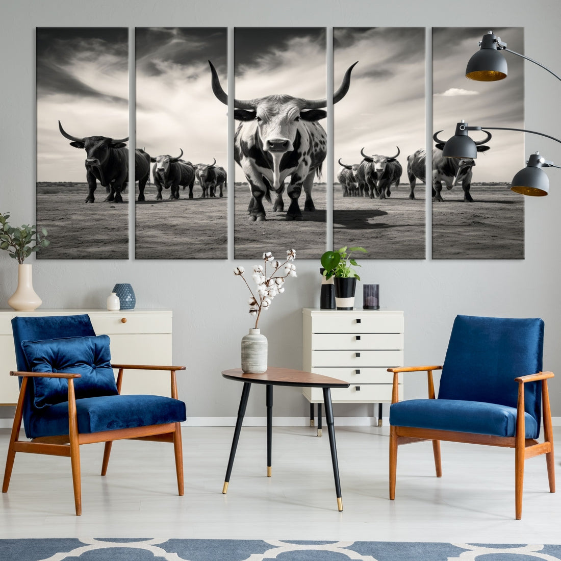 Texas Bighorn Cow Animal Wall Art Canvas Print, Longhorn Cow Large Wall Art