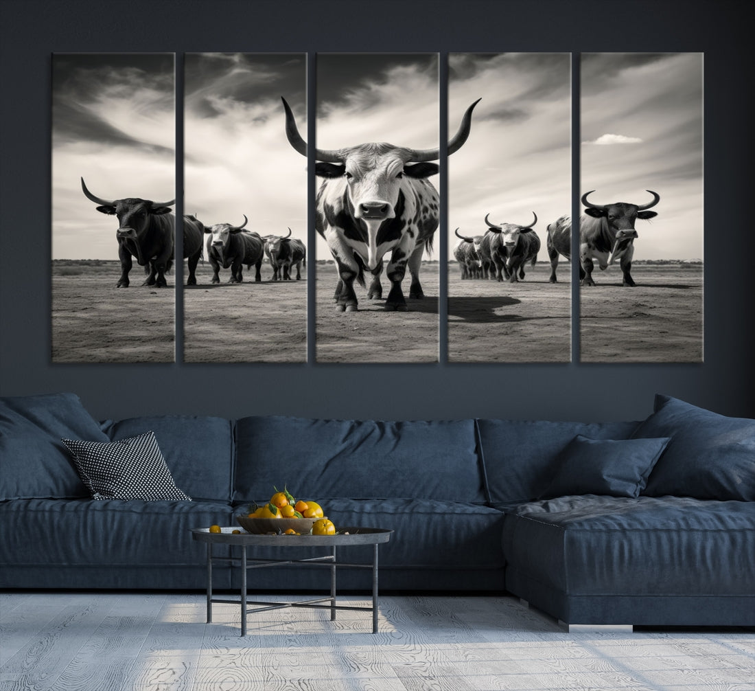 Texas Bighorn Cow Animal Wall Art Canvas Print, Longhorn Cow Large Wall Art