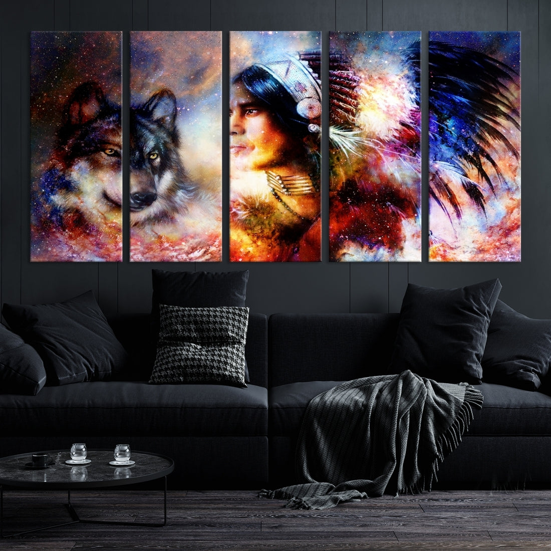 Wolf and Abstract Indian Chief Wall Art Canvas Print