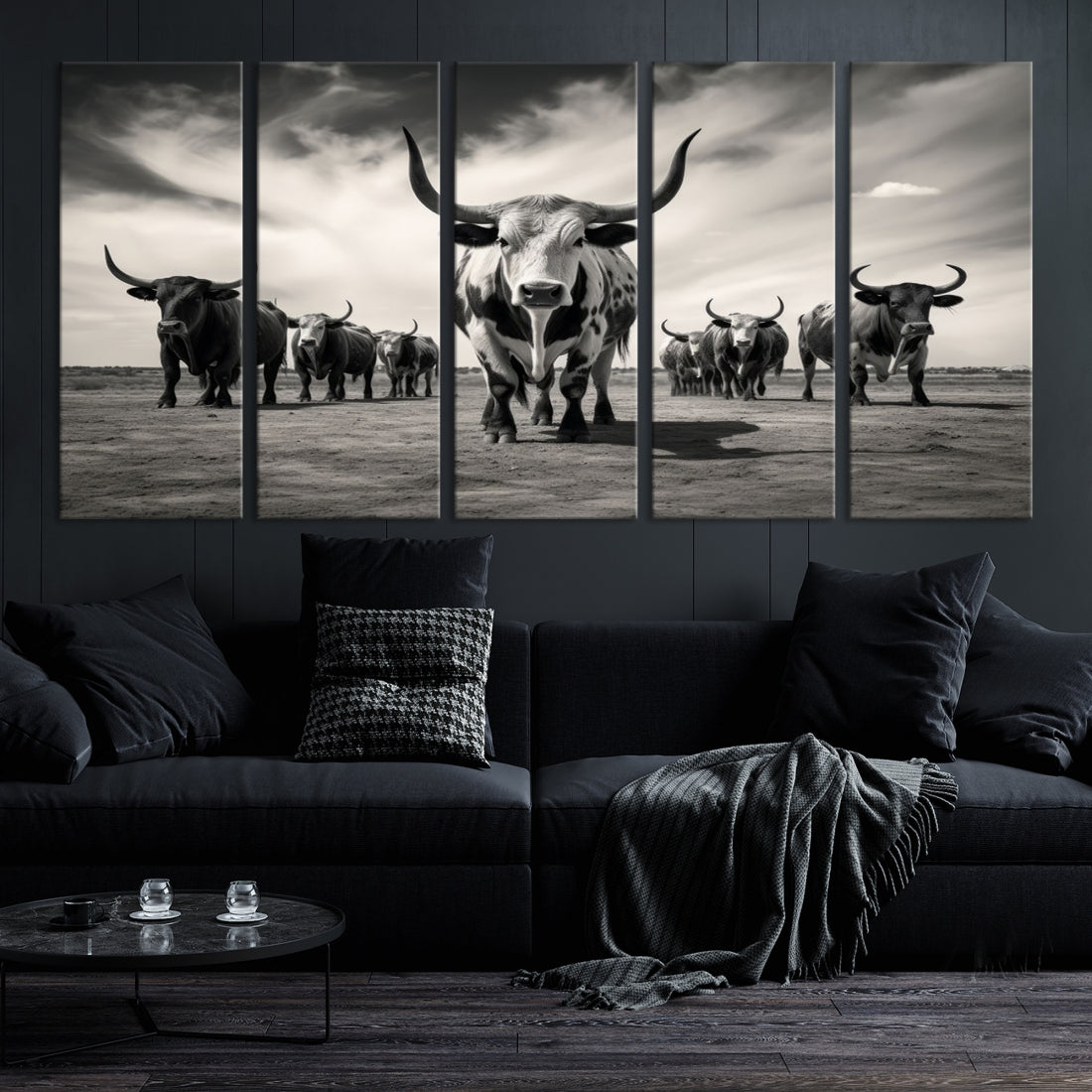 Texas Bighorn Cow Animal Wall Art Canvas Print, Longhorn Cow Large Wall Art