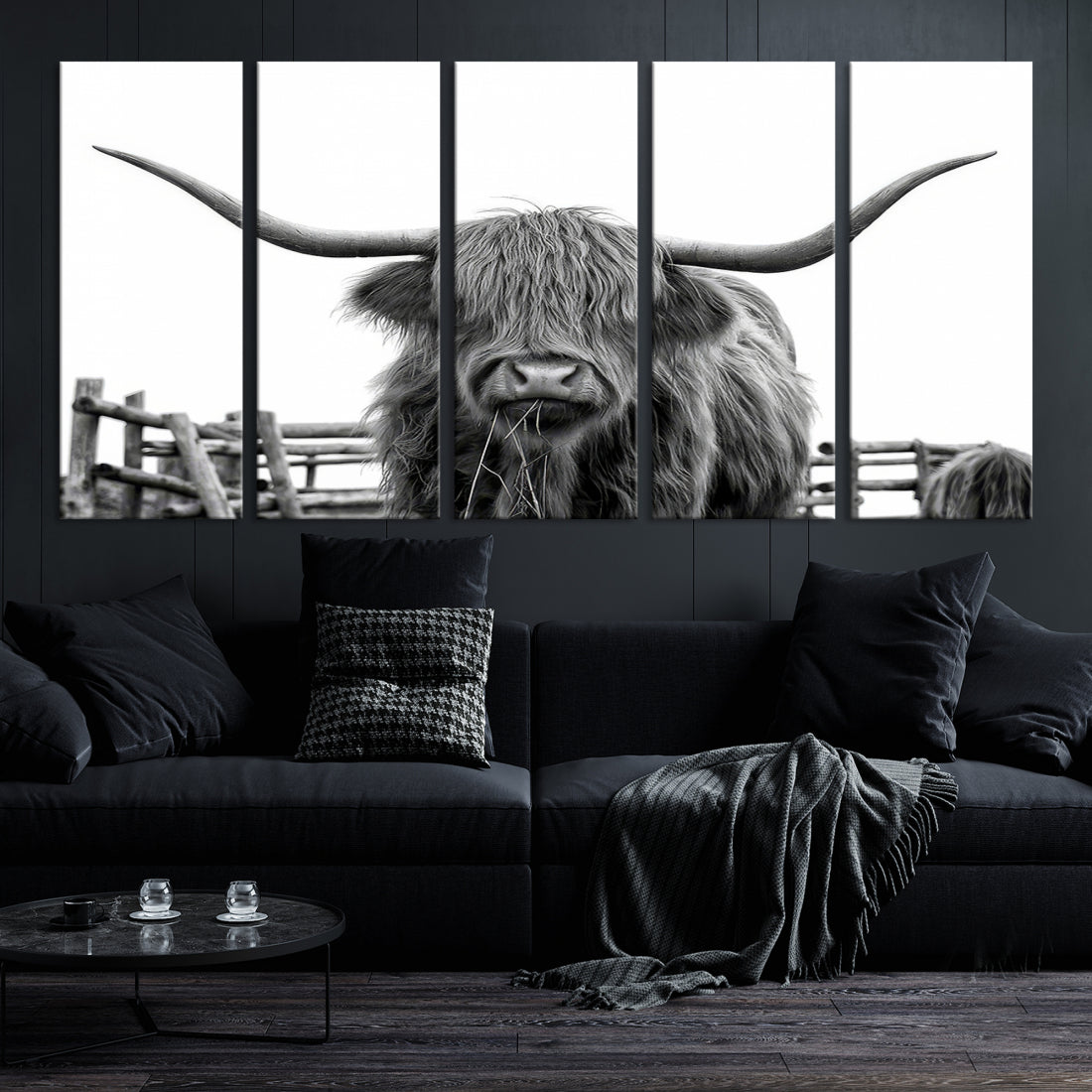 Bighorn Wall Art Cow Canvas Print Black White Artwork Mountain Lounge Farmhouse Wall Decor