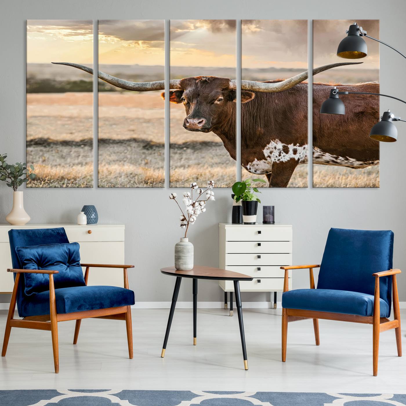 Bighorn Cow Texas Theme Decor Wall Art Canvas Print, Cattle Longhorn Wall Art Print