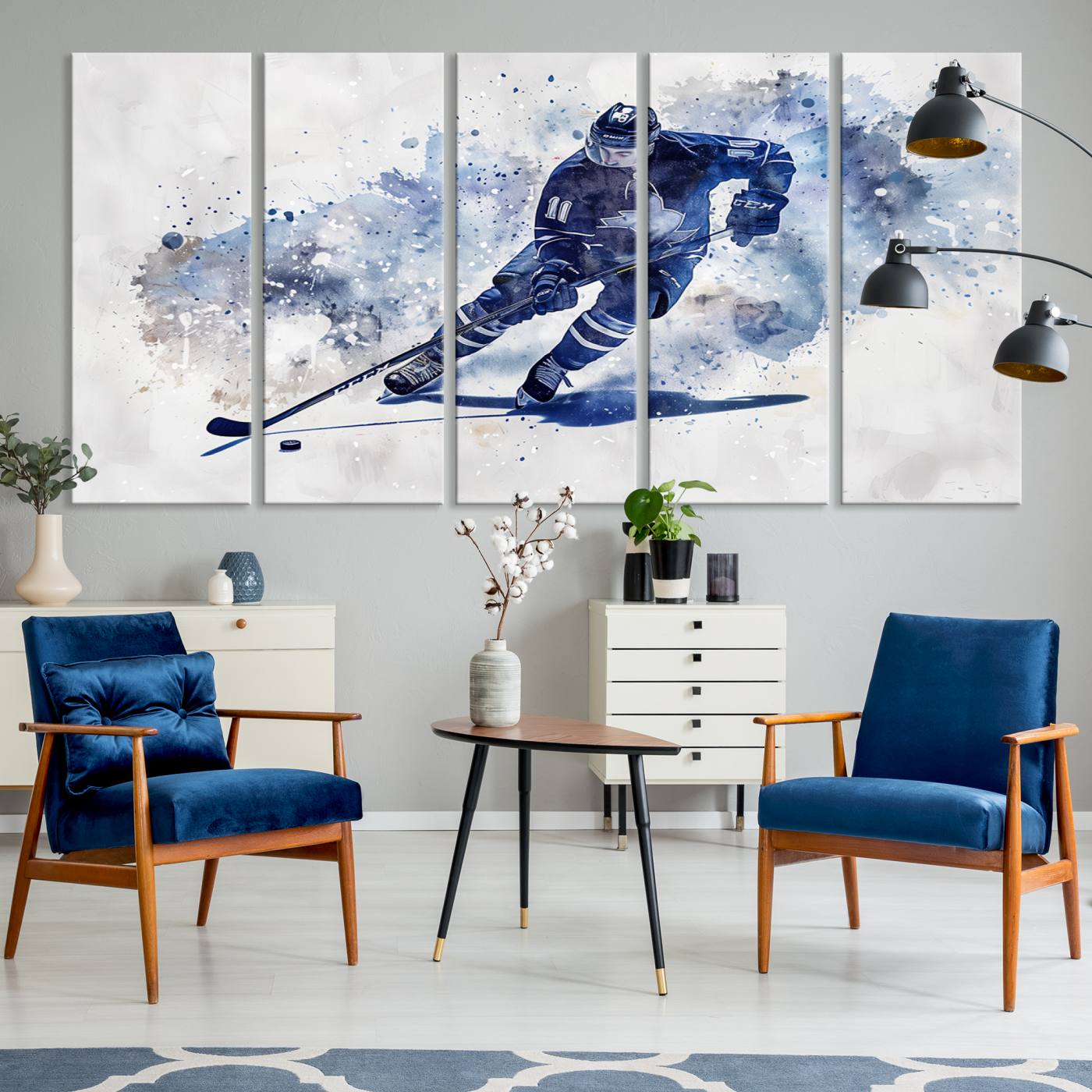 Abstract Watercolor Hockey Player Wall Art Canvas Print for Sport Room Decor