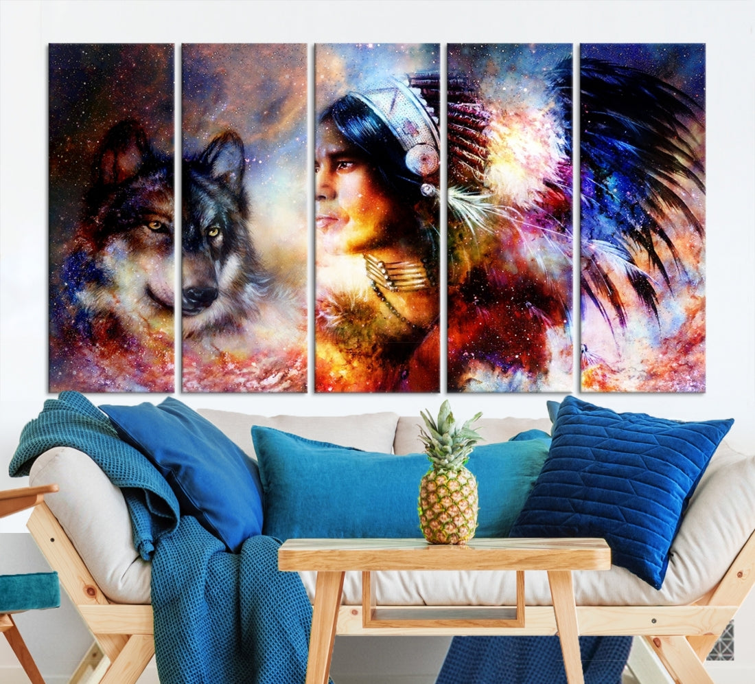 Wolf and Abstract Indian Chief Wall Art Canvas Print