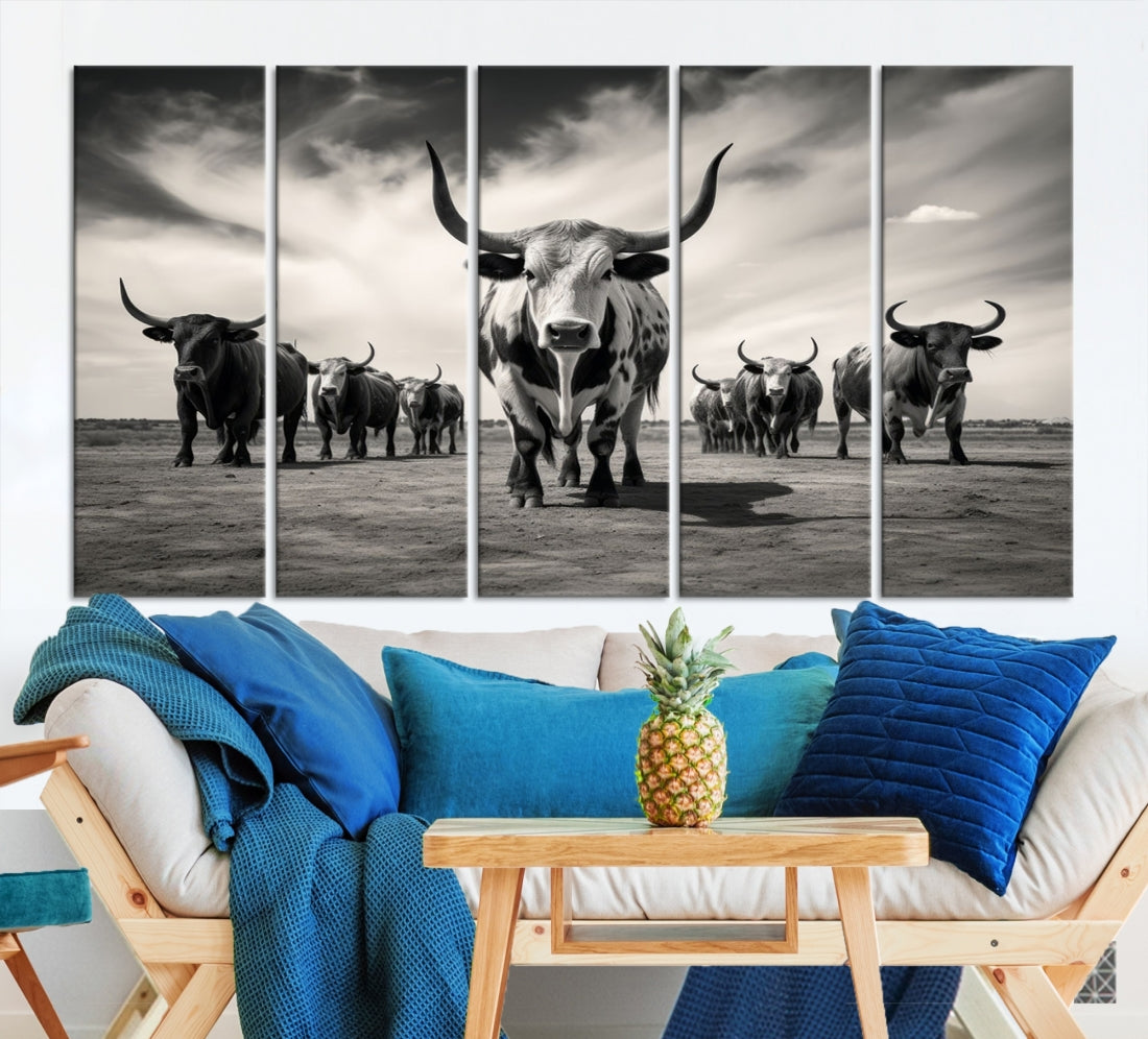 Texas Bighorn Cow Animal Wall Art Canvas Print, Longhorn Cow Large Wall Art