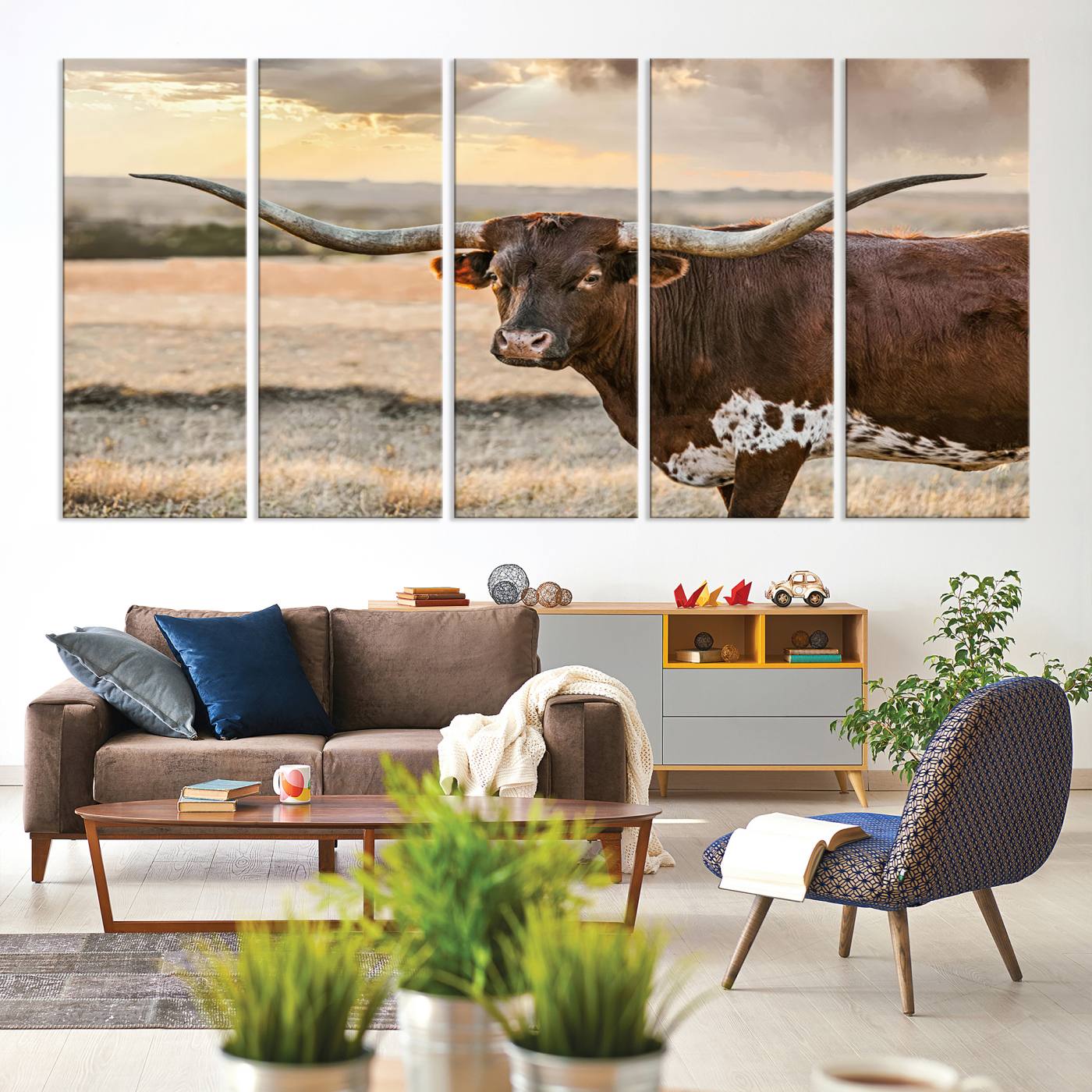 Bighorn Cow Texas Theme Decor Wall Art Canvas Print, Cattle Longhorn Wall Art Print