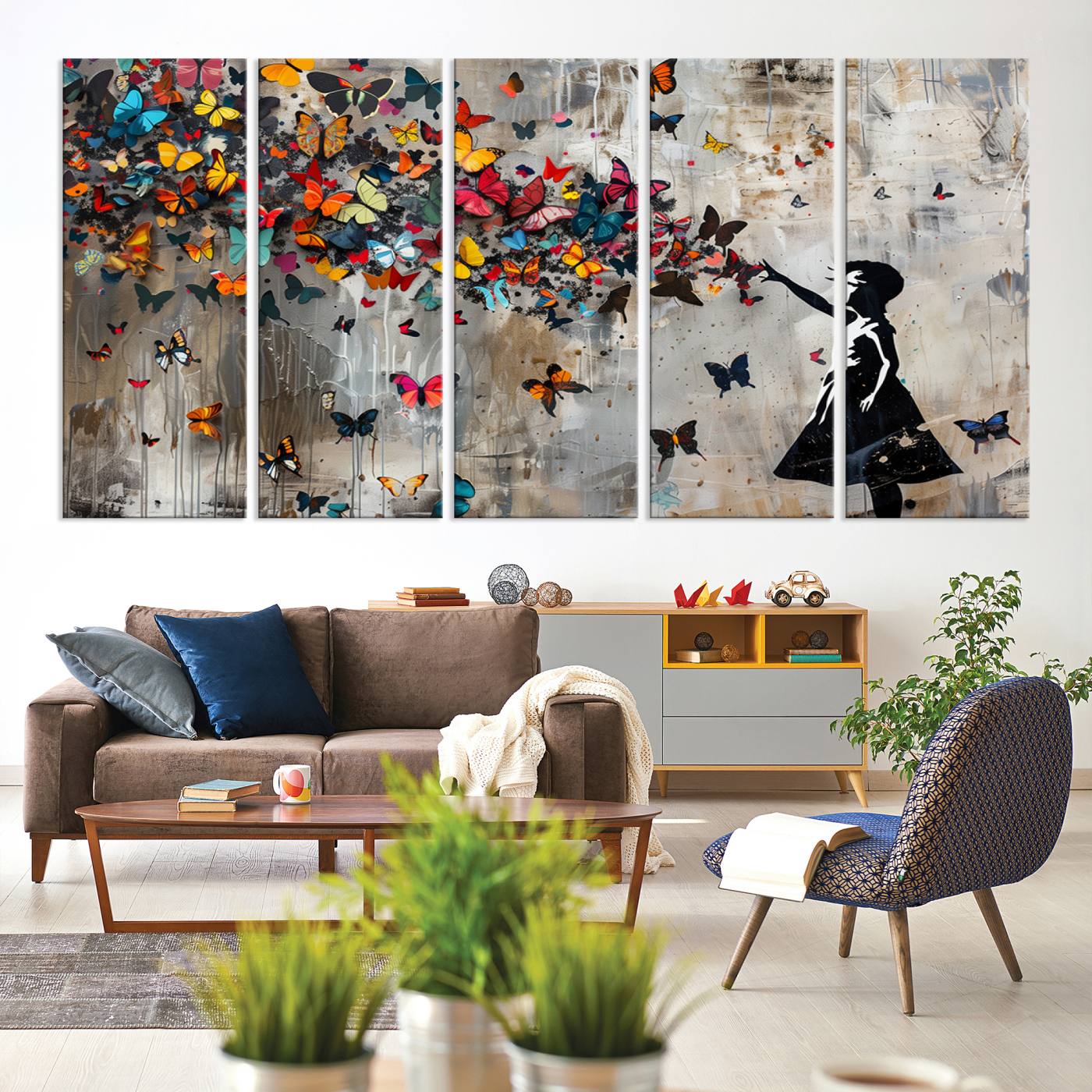 Banksy Style Girl and Butterfly on the Wall Art Canvas Print