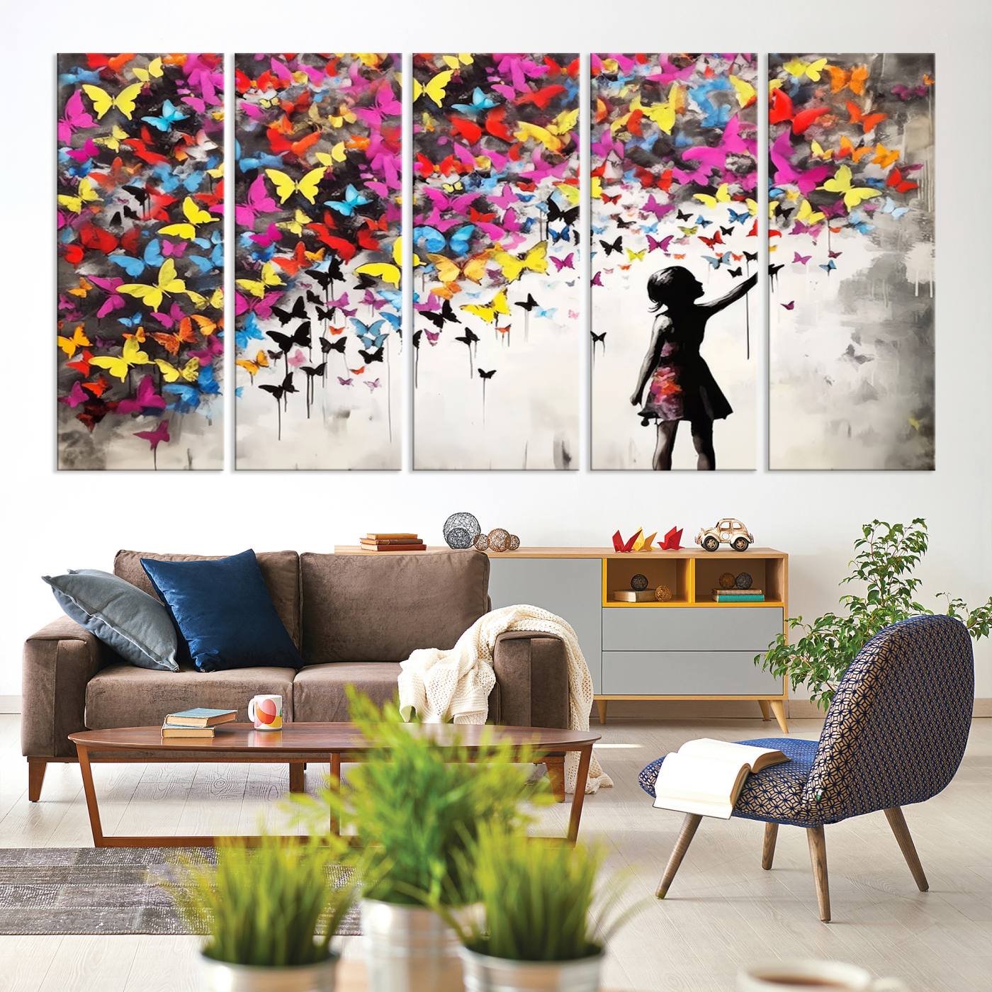 Banksy Style Girl and Butterfly Wall Art Canvas Print