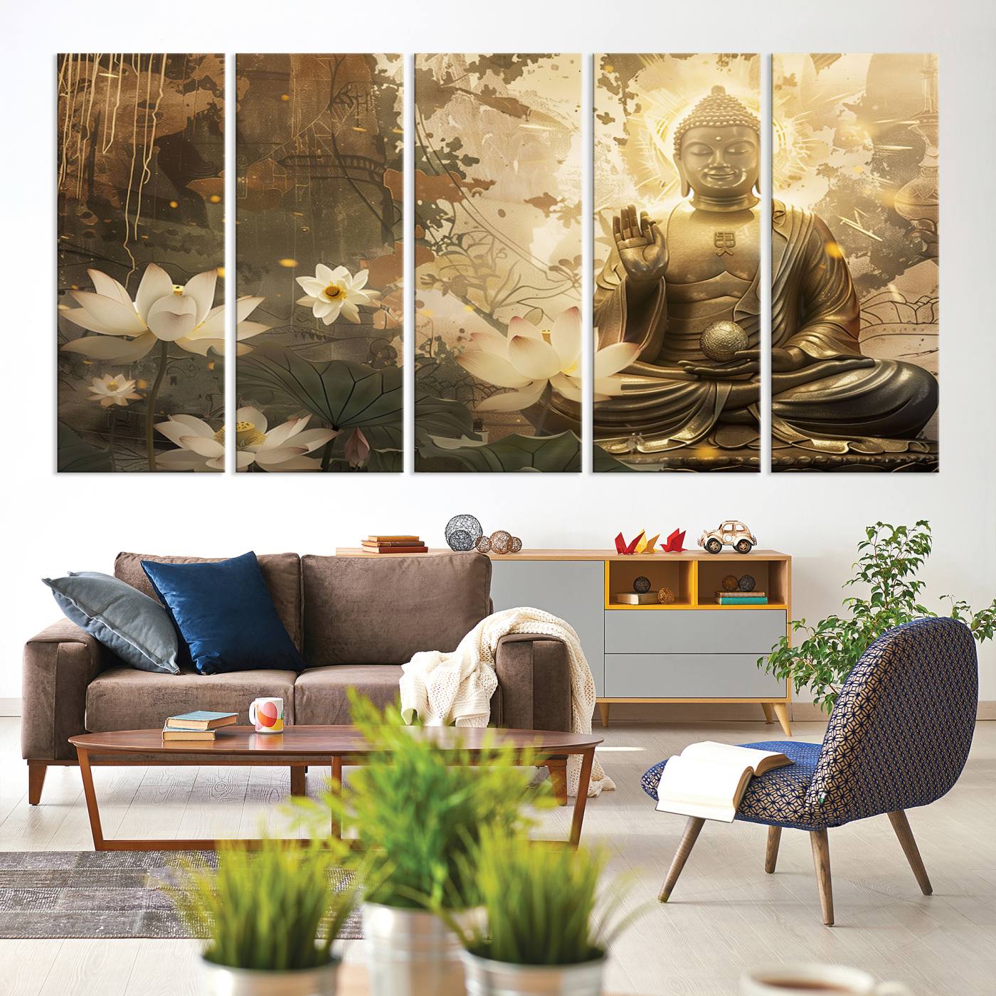 Buddha and Lotus Wall Art Canvas Print, Buddha Meditation Room Decor, Yoga Room Wall Art