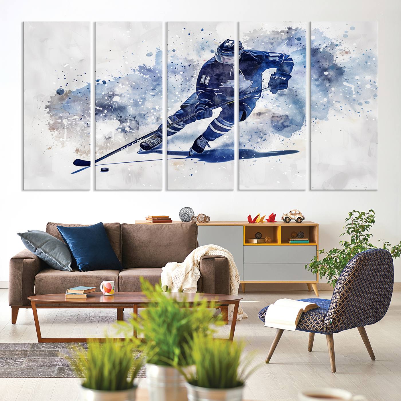 Abstract Watercolor Hockey Player Wall Art Canvas Print for Sport Room Decor