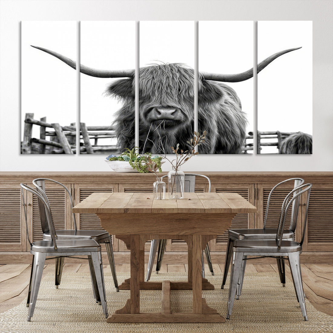 Bighorn Wall Art Cow Canvas Print Black White Artwork Mountain Lounge Farmhouse Wall Decor