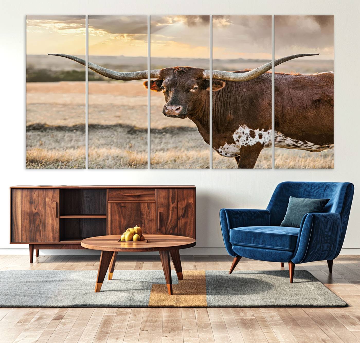 Bighorn Cow Texas Theme Decor Wall Art Canvas Print, Cattle Longhorn Wall Art Print