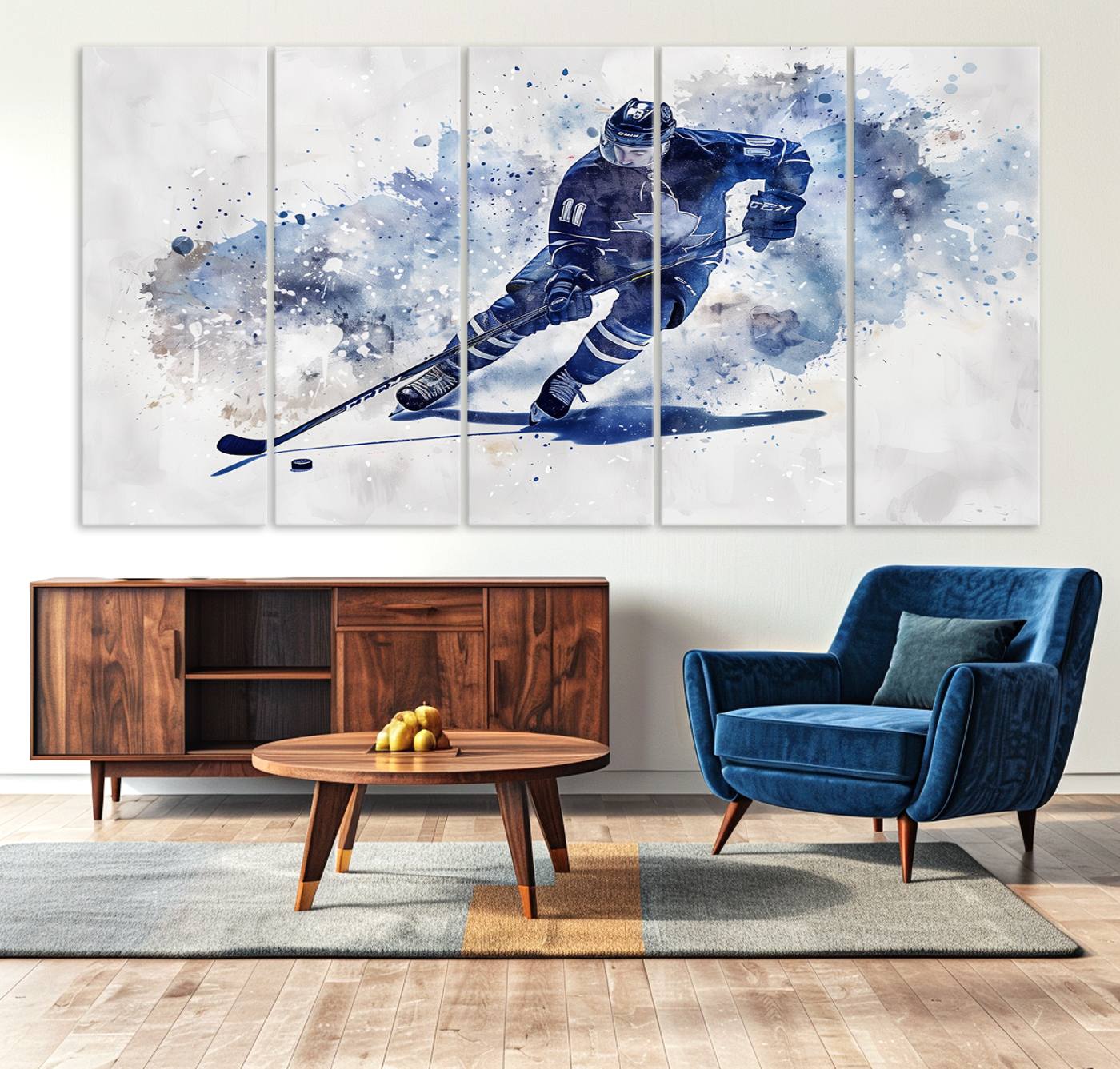 Abstract Watercolor Hockey Player Wall Art Canvas Print for Sport Room Decor