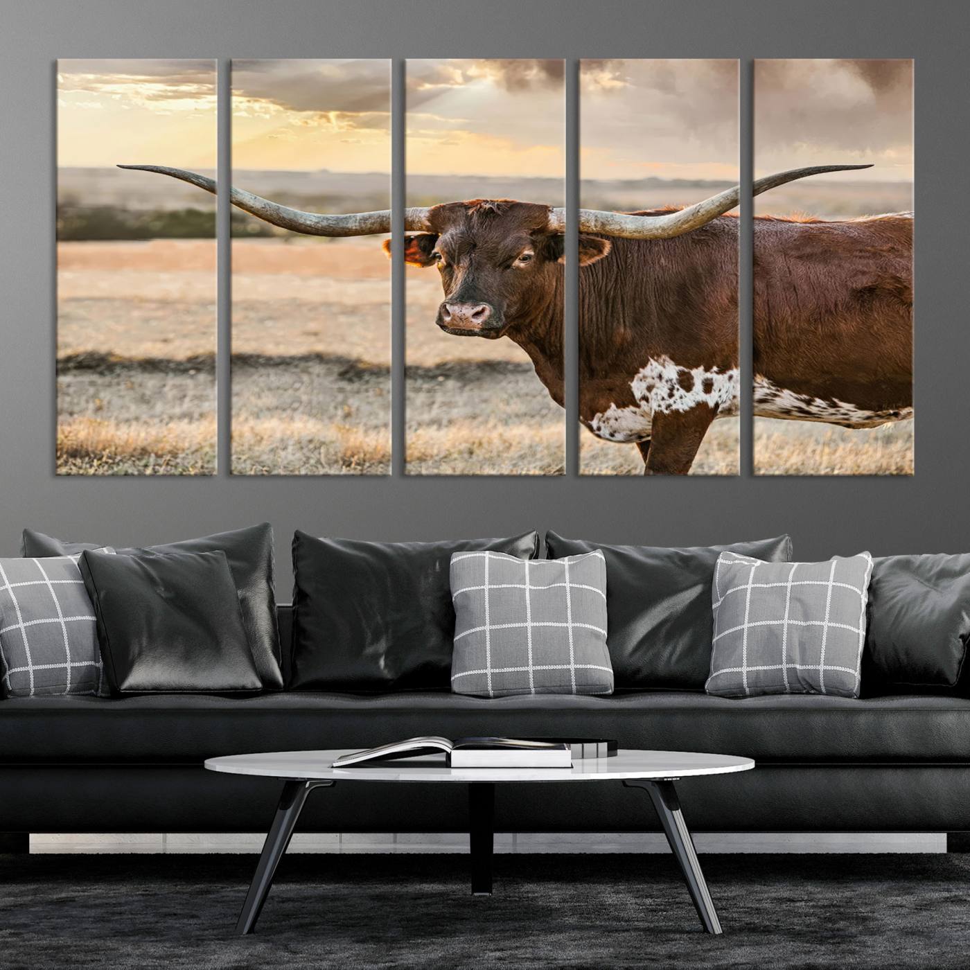 Bighorn Cow Texas Theme Decor Wall Art Canvas Print, Cattle Longhorn Wall Art Print