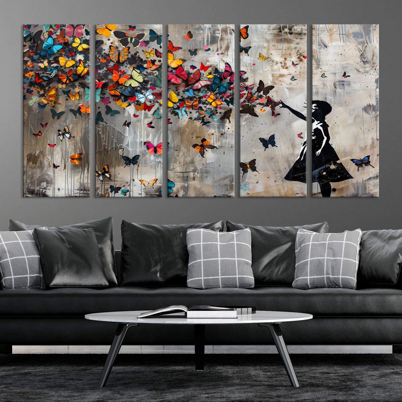 Banksy Style Girl and Butterfly on the Wall Art Canvas Print