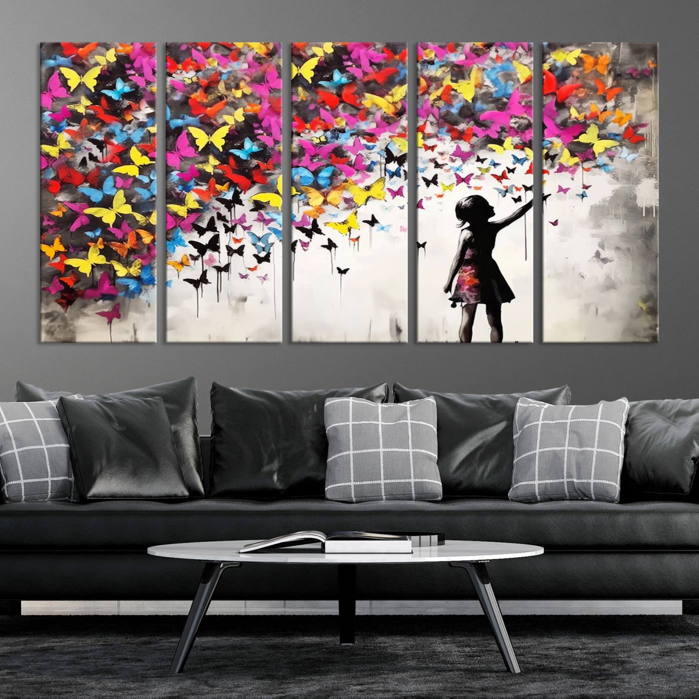 Banksy Style Girl and Butterfly Wall Art Canvas Print