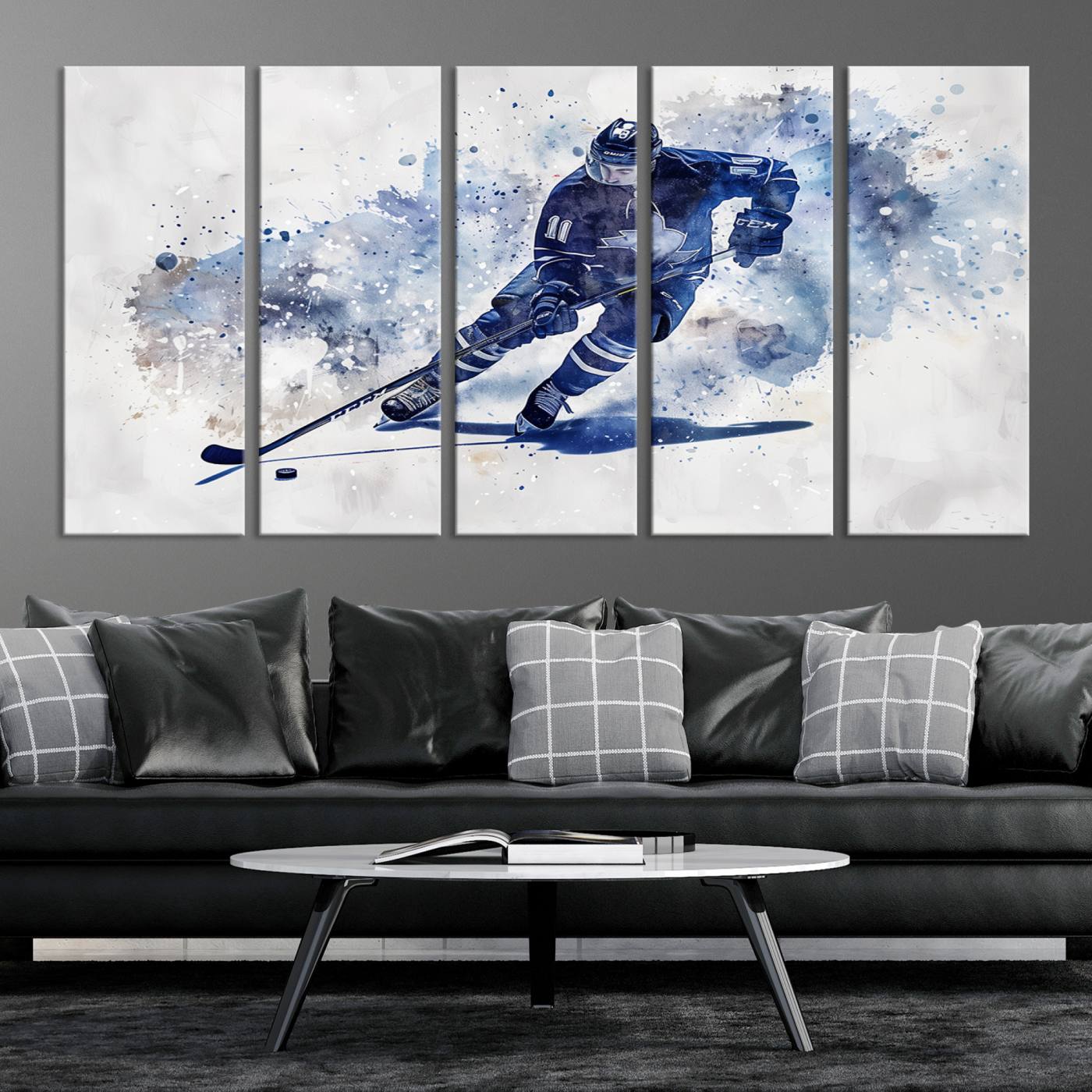 Abstract Watercolor Hockey Player Wall Art Canvas Print for Sport Room Decor