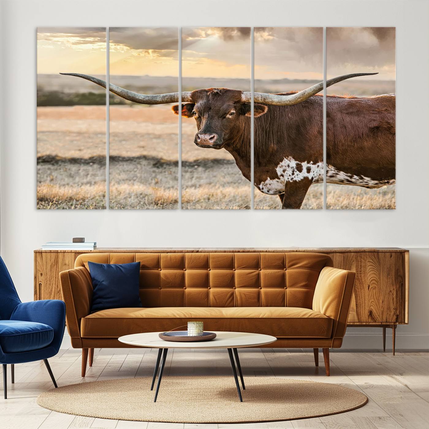 Bighorn Cow Texas Theme Decor Wall Art Canvas Print, Cattle Longhorn Wall Art Print