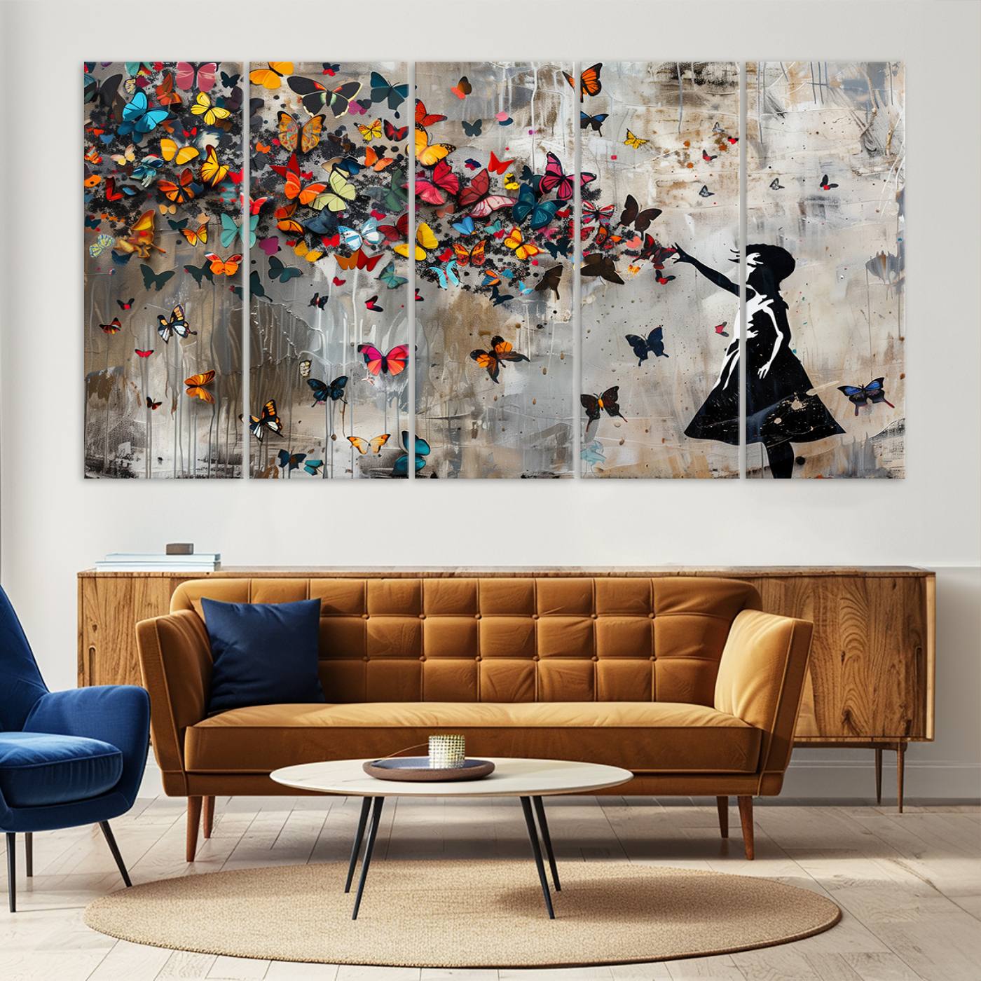 Banksy Style Girl and Butterfly on the Wall Art Canvas Print