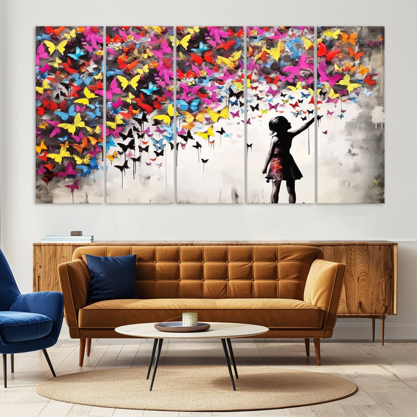 Banksy Style Girl and Butterfly Wall Art Canvas Print