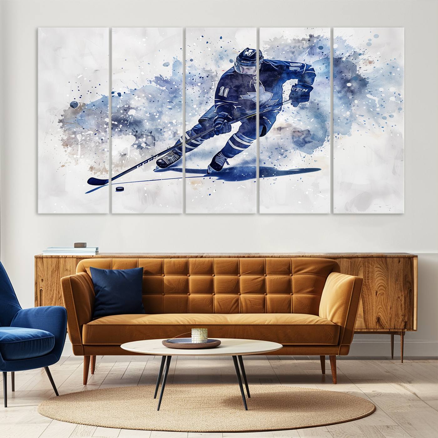 Abstract Watercolor Hockey Player Wall Art Canvas Print for Sport Room Decor