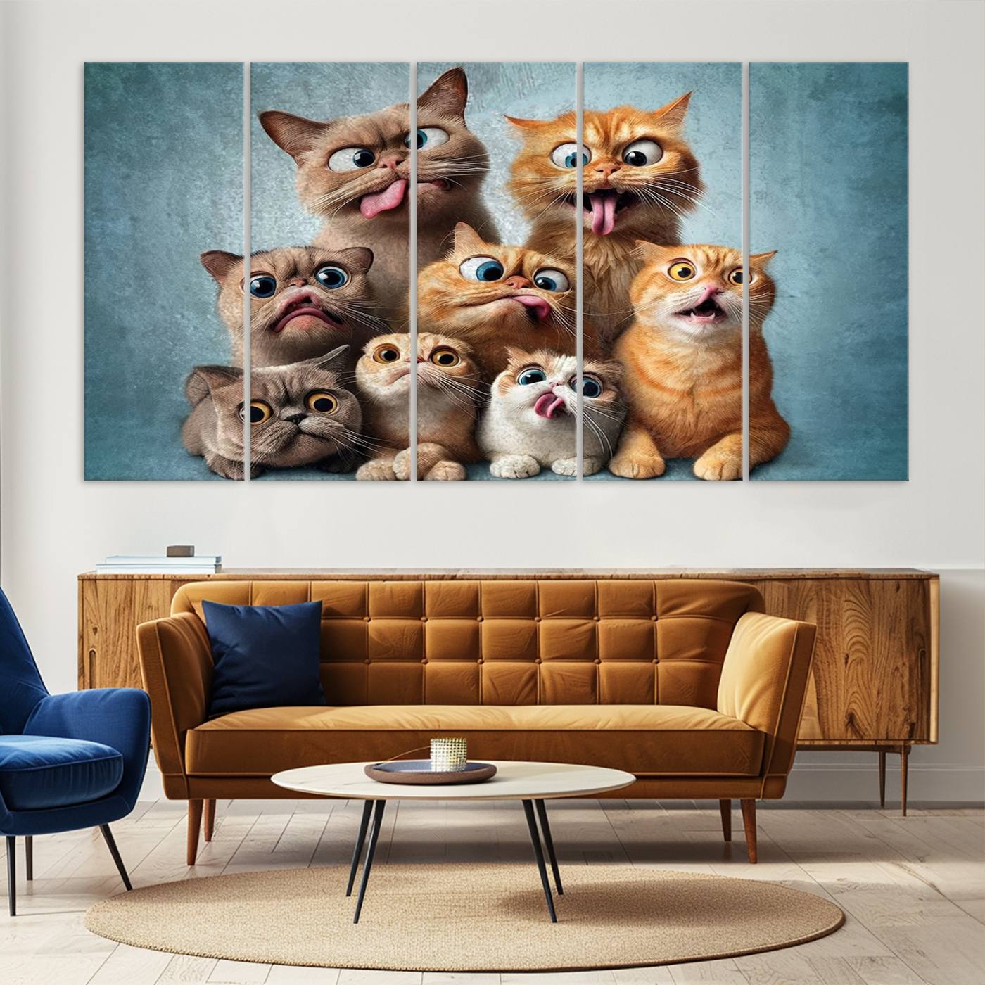 Fanny Cats Wall Art Canvas Print, Pixar Style Cat Wall Art Print, Comic Cartoon Cat Print