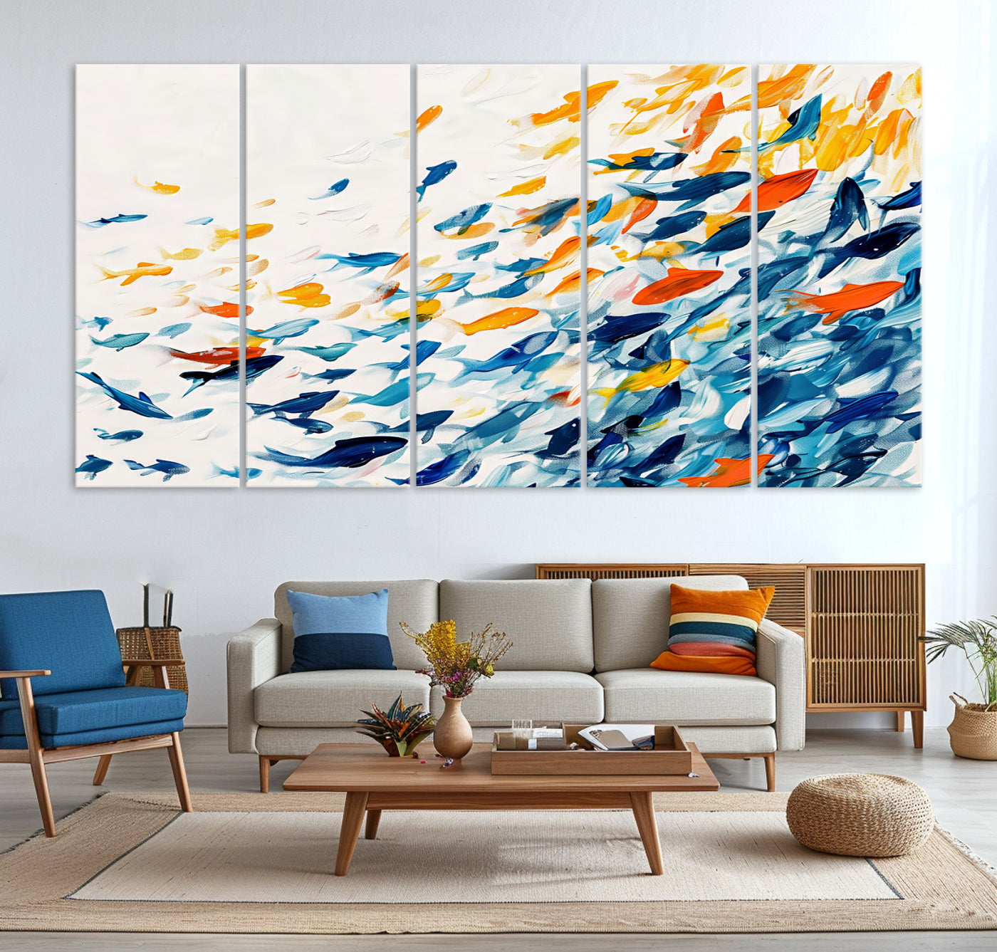 Abstract Fish Shoal Wall Art Canvas Print, Colorful Fish Herd Painting on Canvas Print
