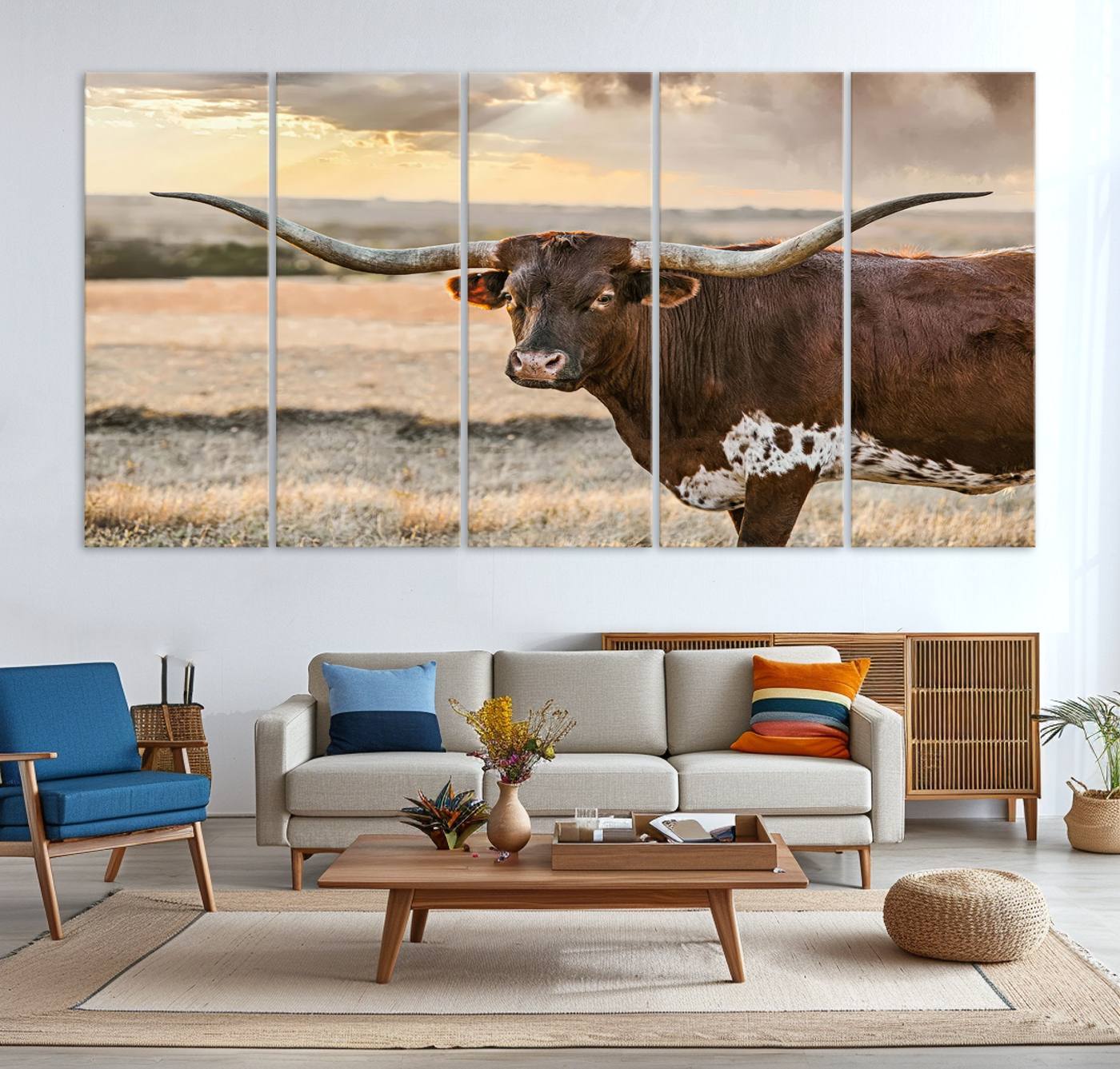 Bighorn Cow Texas Theme Decor Wall Art Canvas Print, Cattle Longhorn Wall Art Print