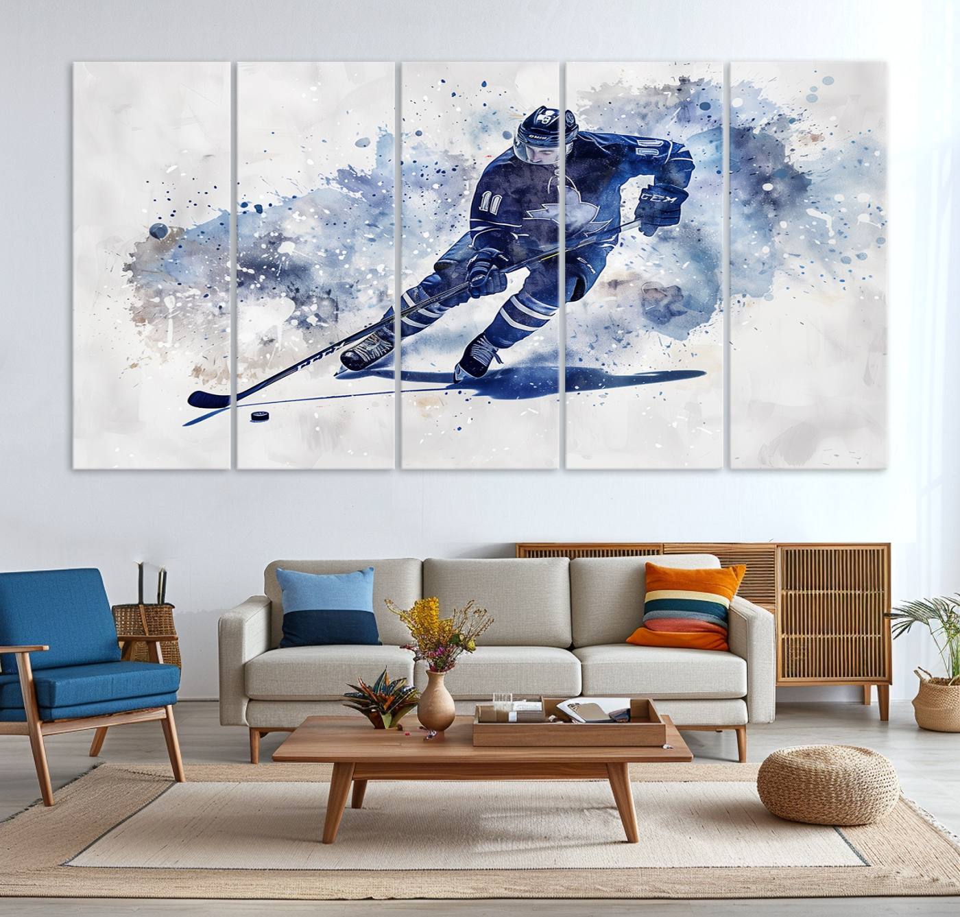 Abstract Watercolor Hockey Player Wall Art Canvas Print for Sport Room Decor