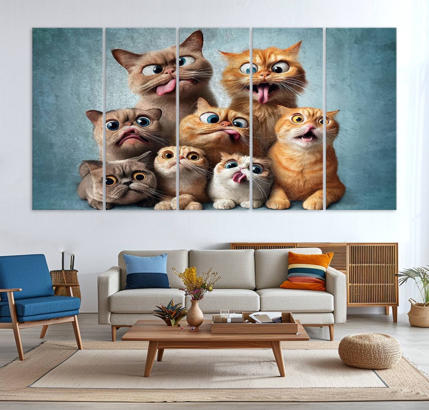 Fanny Cats Wall Art Canvas Print, Pixar Style Cat Wall Art Print, Comic Cartoon Cat Print