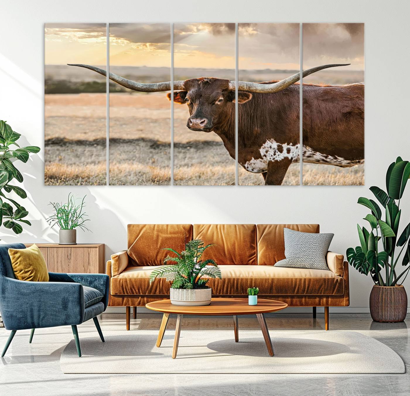 Bighorn Cow Texas Theme Decor Wall Art Canvas Print, Cattle Longhorn Wall Art Print