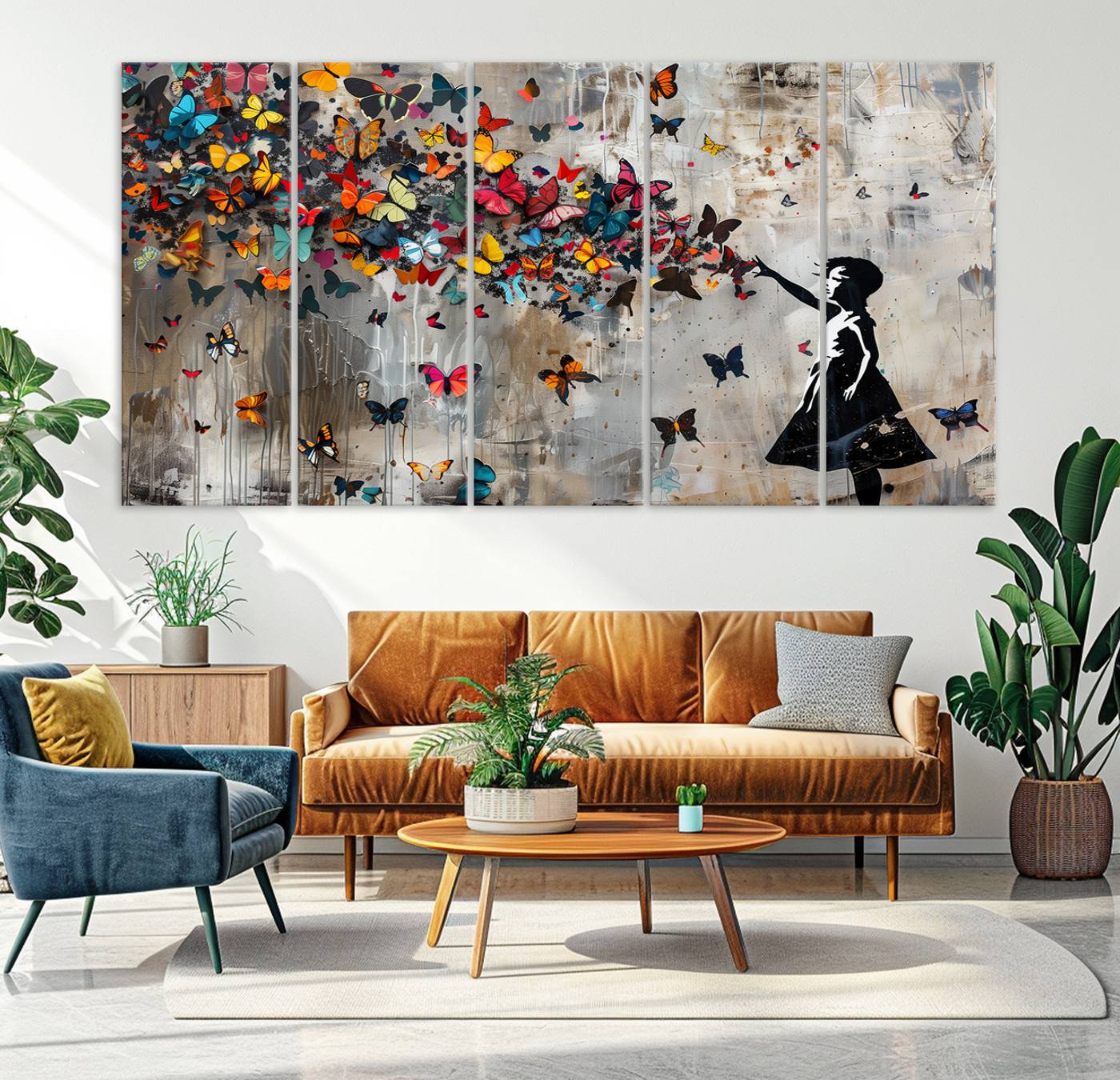 Banksy Style Girl and Butterfly on the Wall Art Canvas Print