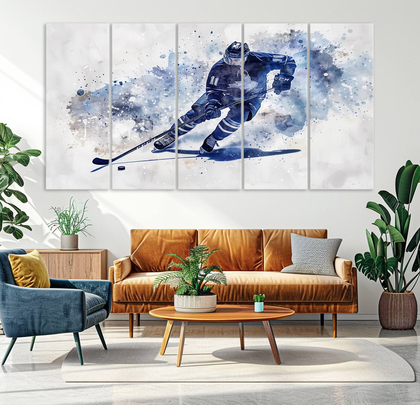 Abstract Watercolor Hockey Player Wall Art Canvas Print for Sport Room Decor