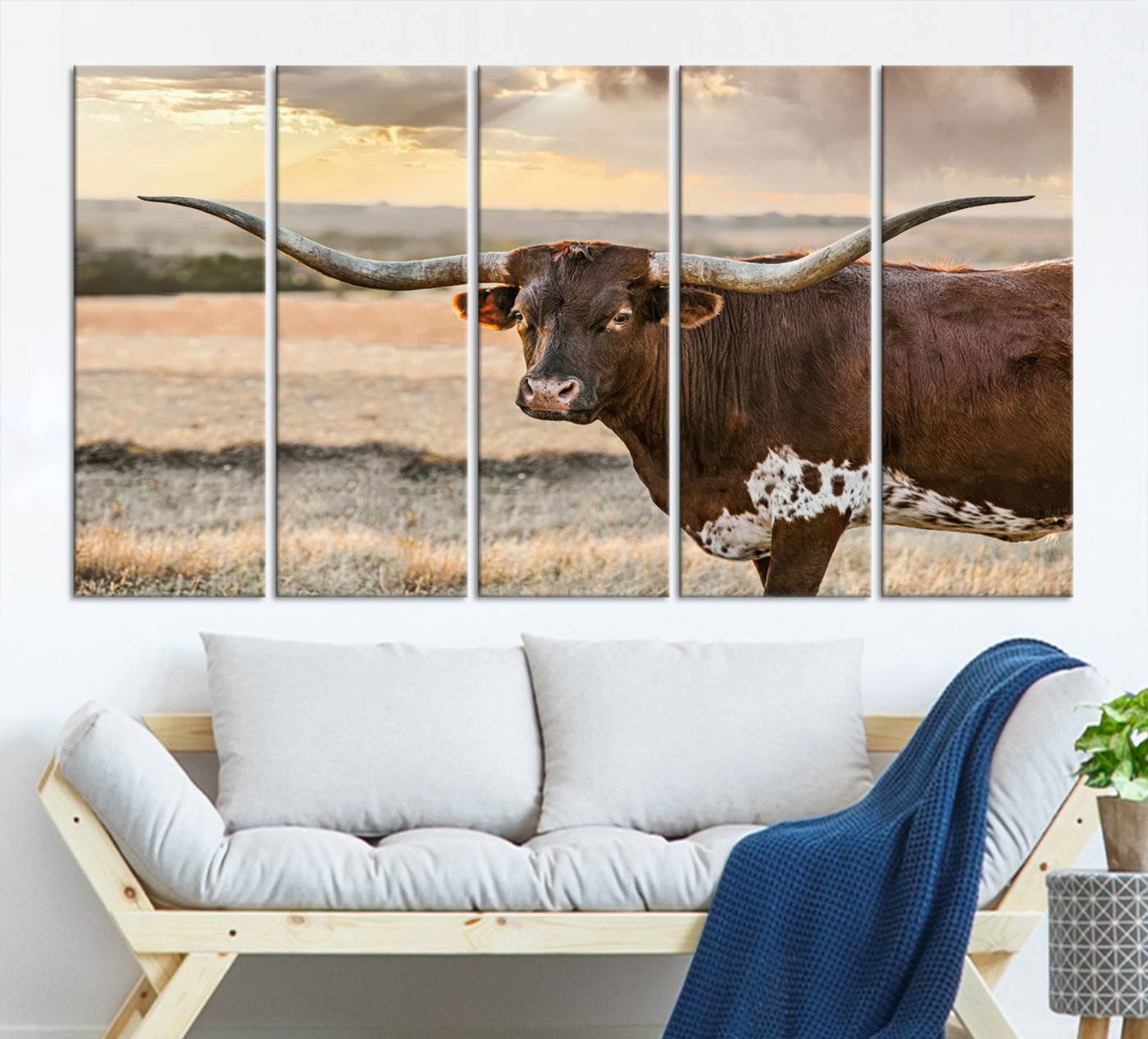 Bighorn Cow Texas Theme Decor Wall Art Canvas Print, Cattle Longhorn Wall Art Print