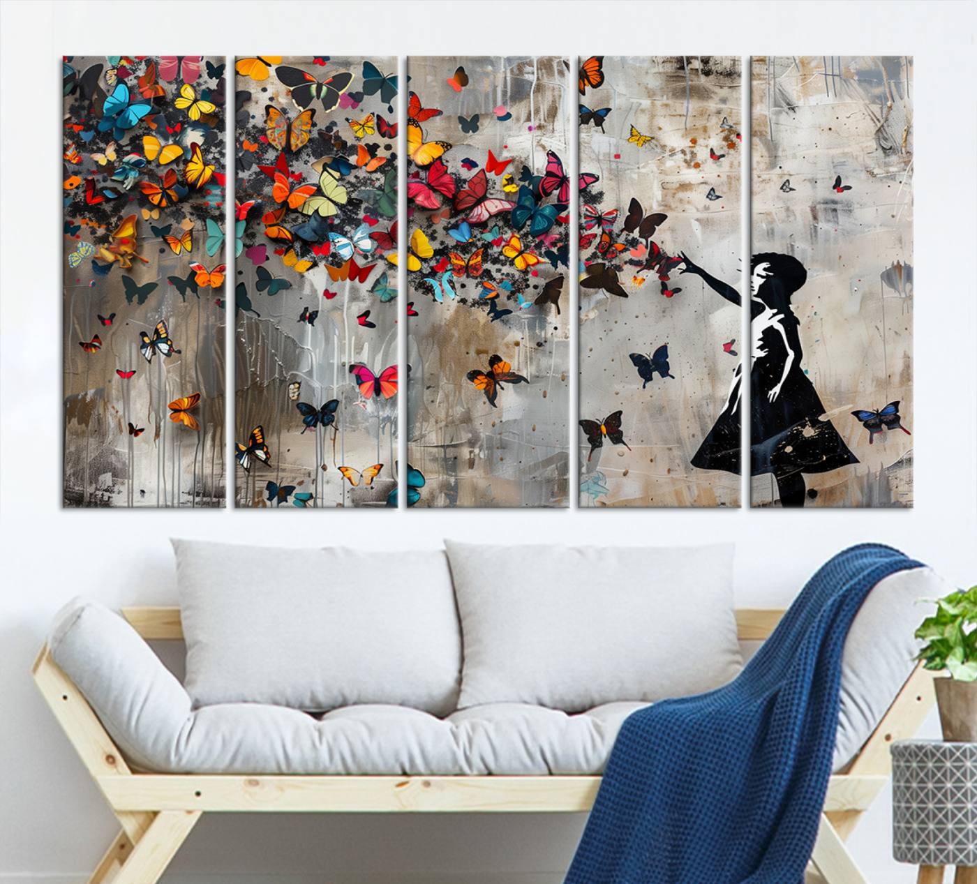 Banksy Style Girl and Butterfly on the Wall Art Canvas Print