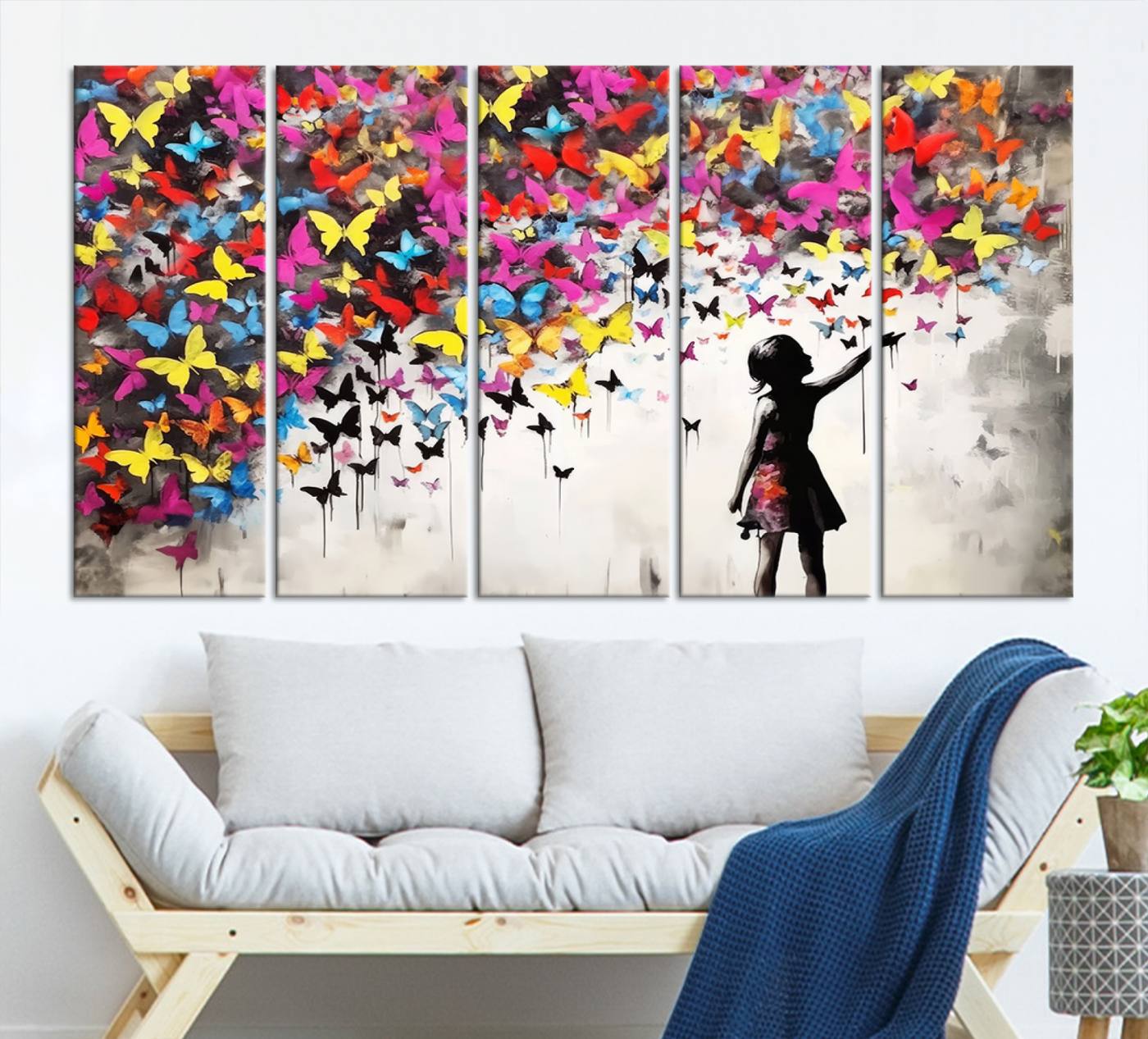 Banksy Style Girl and Butterfly Wall Art Canvas Print