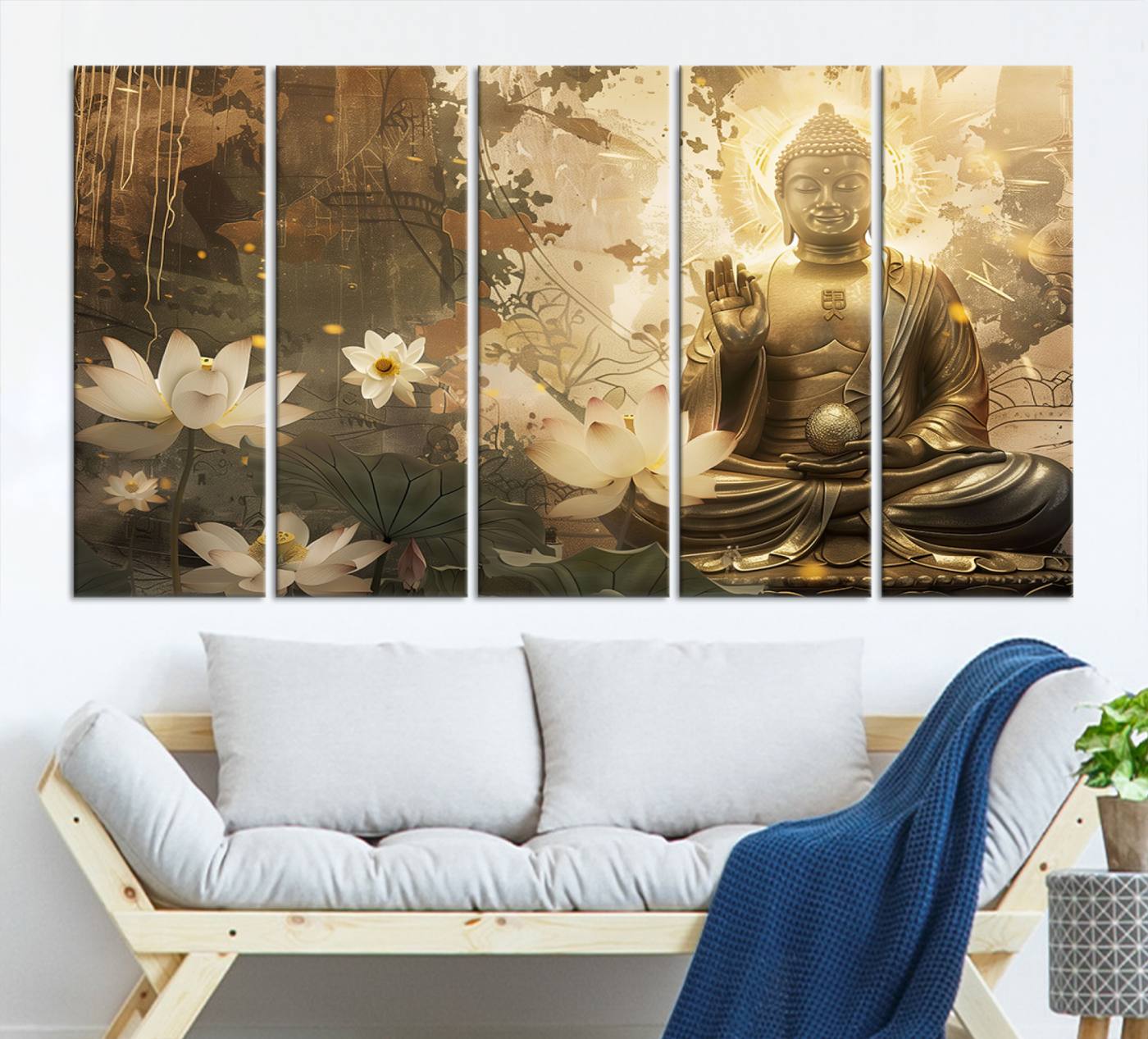 Buddha and Lotus Wall Art Canvas Print, Buddha Meditation Room Decor, Yoga Room Wall Art