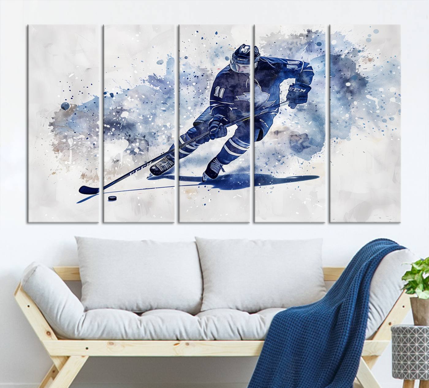 Abstract Watercolor Hockey Player Wall Art Canvas Print for Sport Room Decor