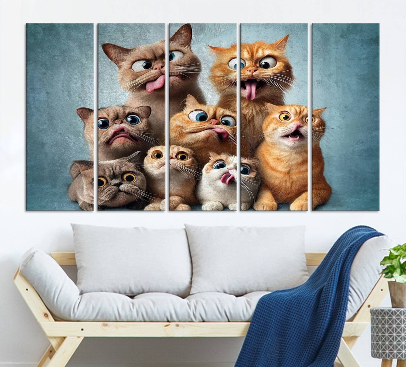 Fanny Cats Wall Art Canvas Print, Pixar Style Cat Wall Art Print, Comic Cartoon Cat Print