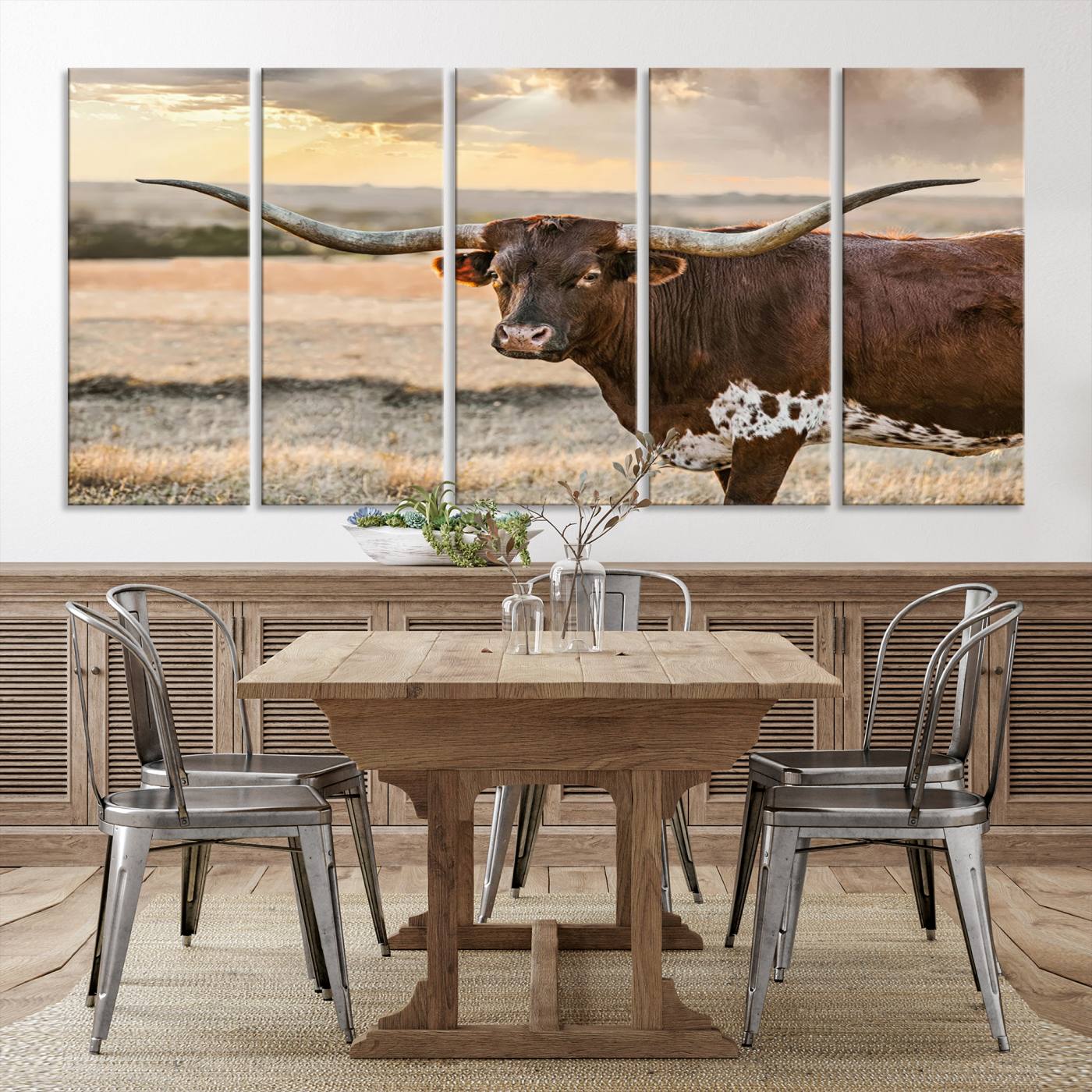 Bighorn Cow Texas Theme Decor Wall Art Canvas Print, Cattle Longhorn Wall Art Print