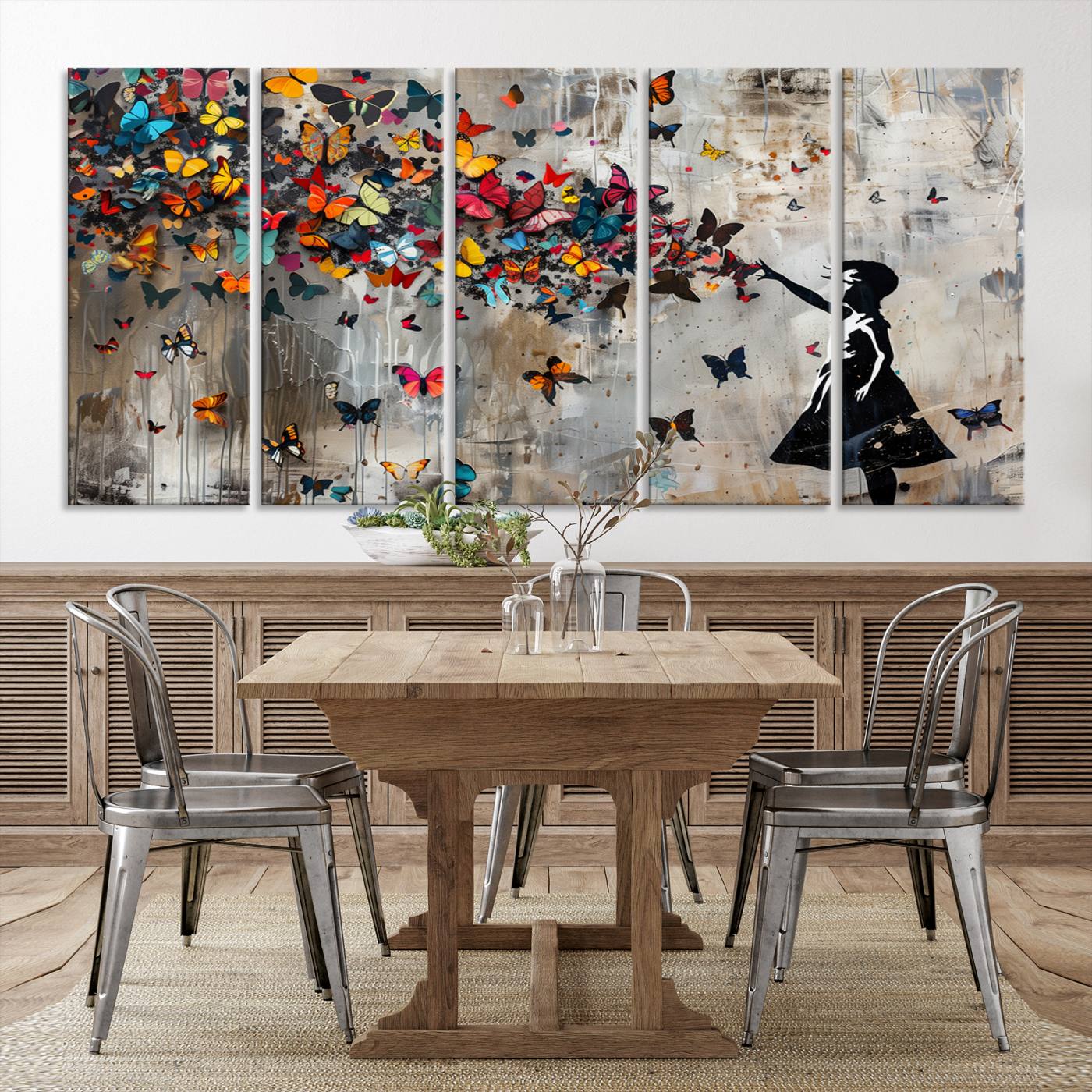 Banksy Style Girl and Butterfly on the Wall Art Canvas Print