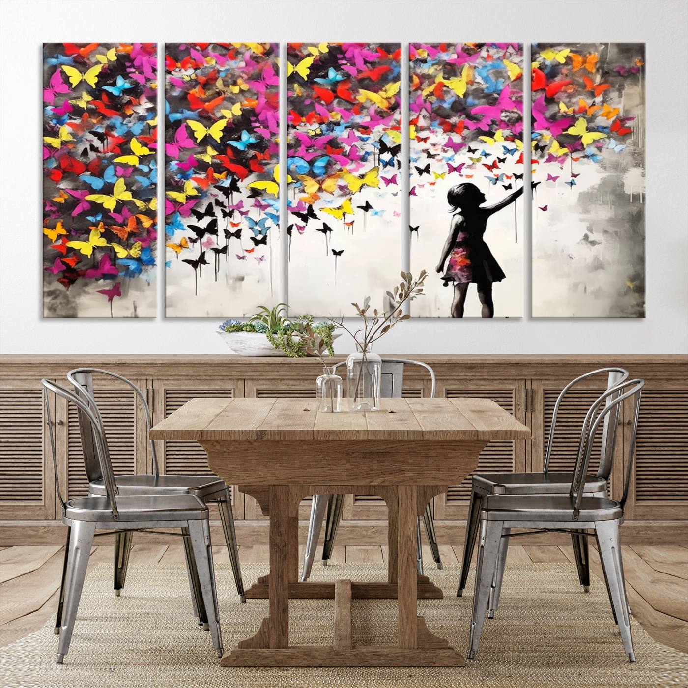 Banksy Style Girl and Butterfly Wall Art Canvas Print