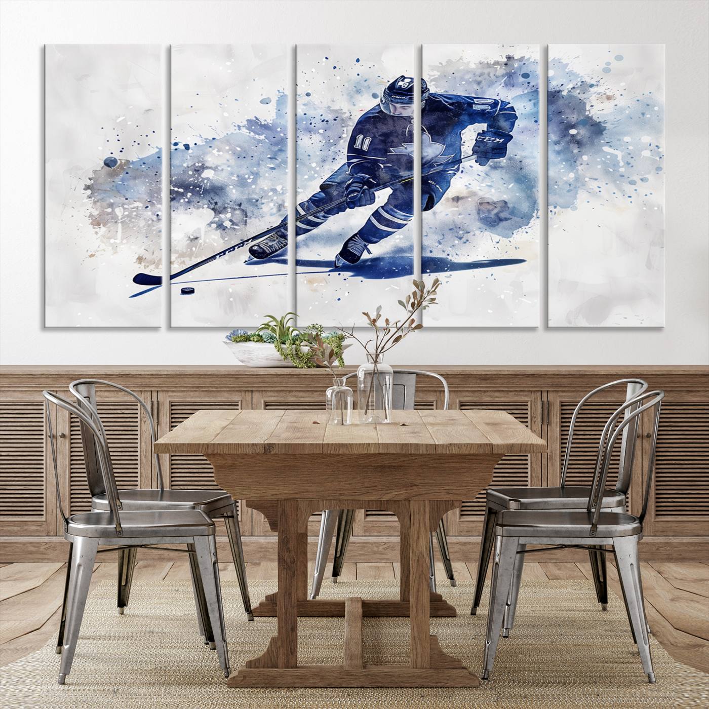 Abstract Watercolor Hockey Player Wall Art Canvas Print for Sport Room Decor