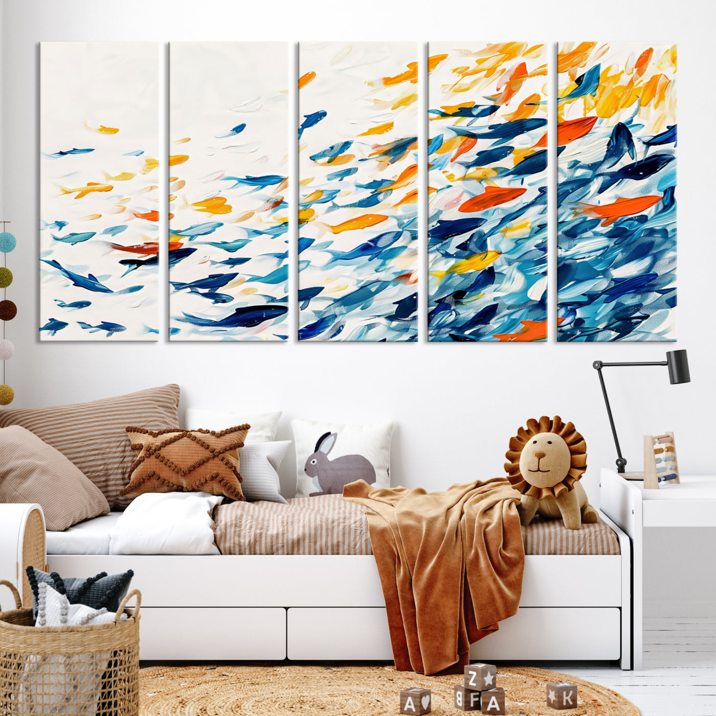 Abstract Fish Shoal Wall Art Canvas Print, Colorful Fish Herd Painting on Canvas Print