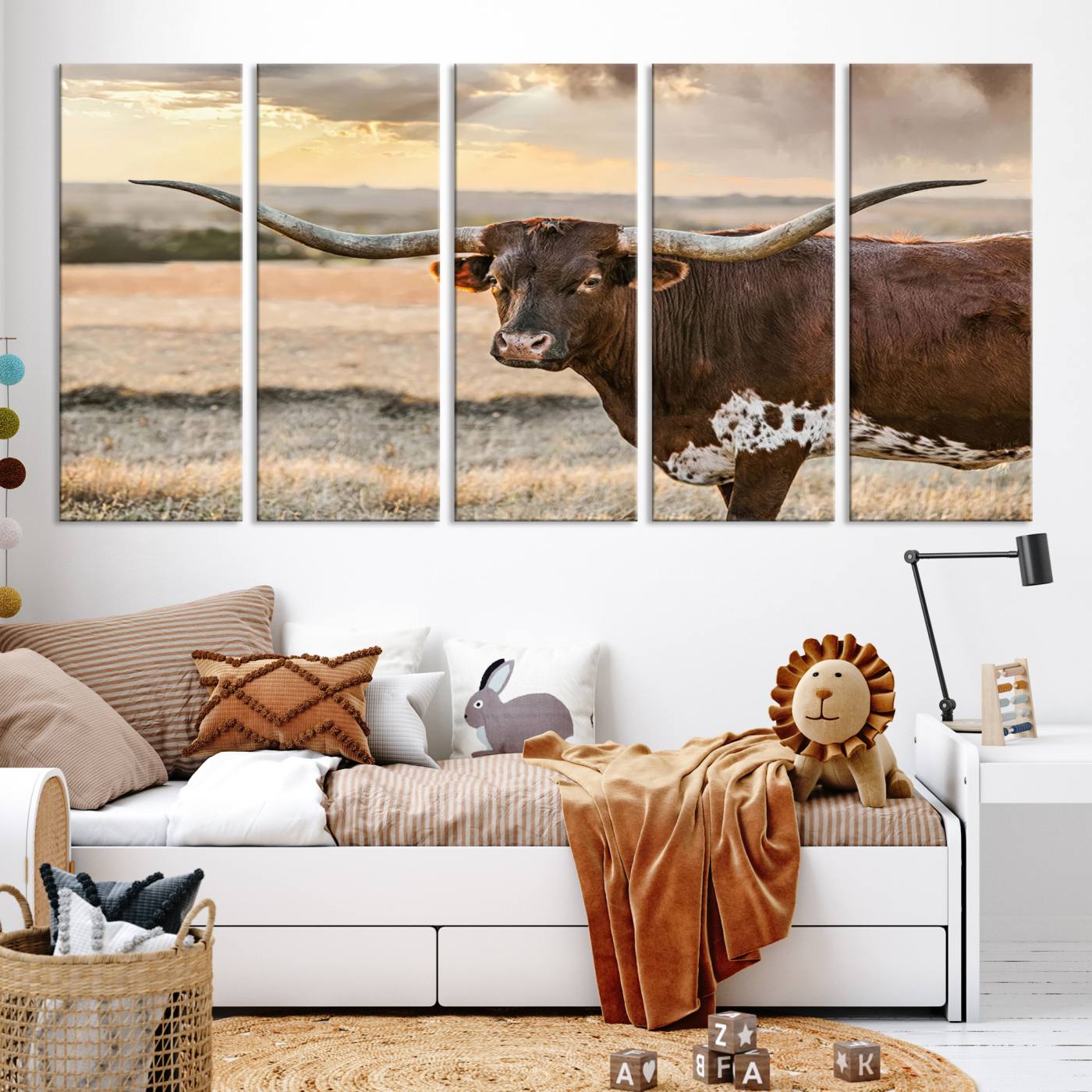 Bighorn Cow Texas Theme Decor Wall Art Canvas Print, Cattle Longhorn Wall Art Print