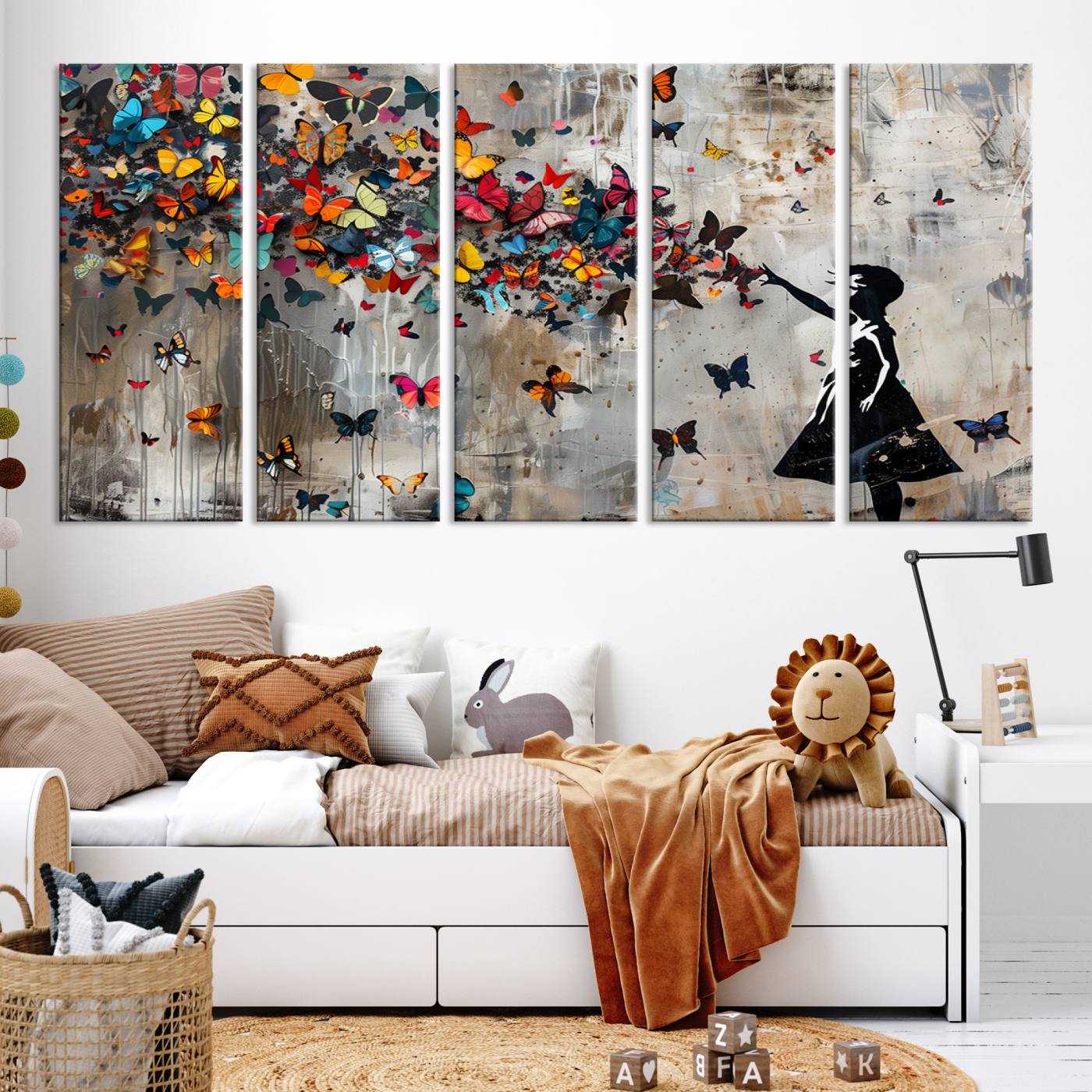 Banksy Style Girl and Butterfly on the Wall Art Canvas Print