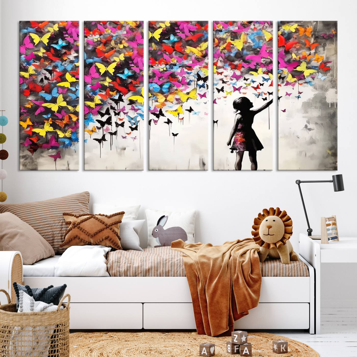 Banksy Style Girl and Butterfly Wall Art Canvas Print