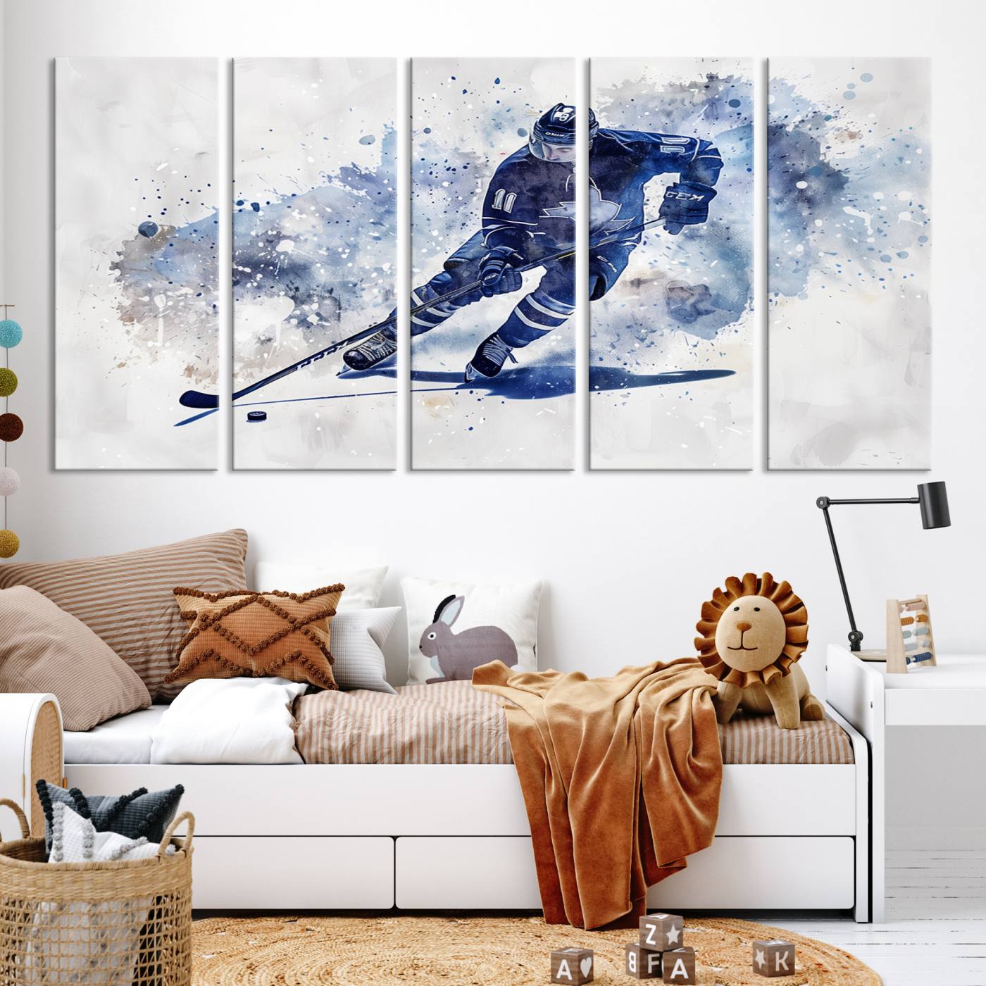 Abstract Watercolor Hockey Player Wall Art Canvas Print for Sport Room Decor