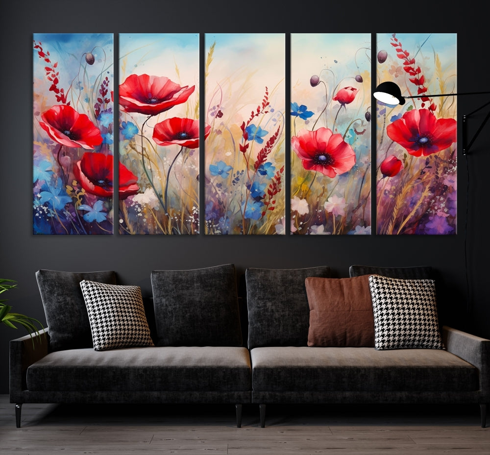 Colorful Wall Art Canvas Print Abstract Flowers Watercolor Red Blue Painting